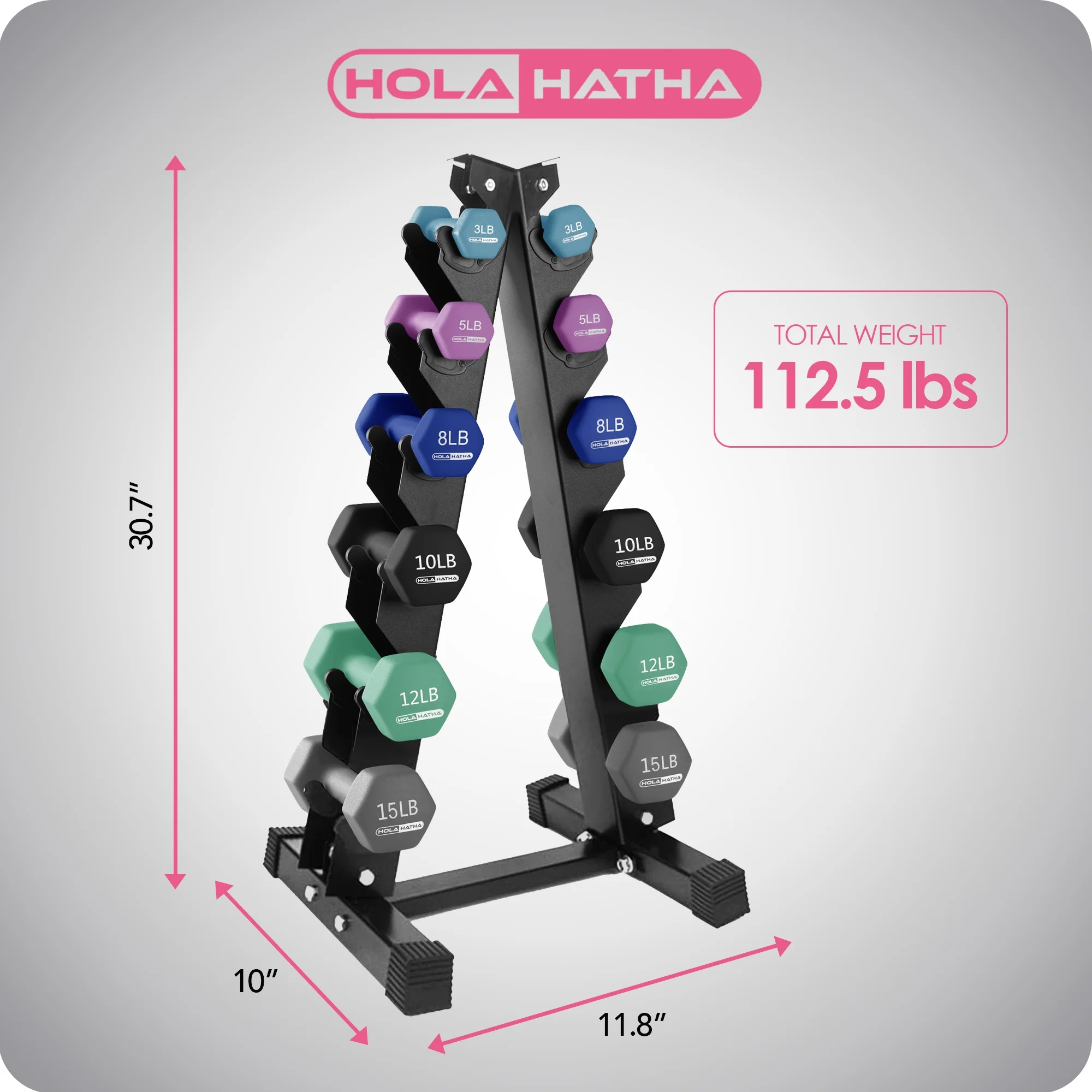 HolaHatha Neoprene Dumbbell Weight Set with Rack (Black), 112.5 lb - Image 34