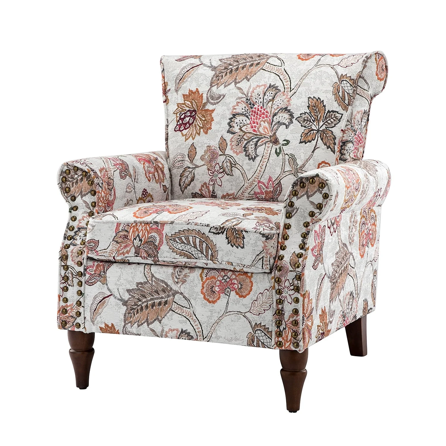 14 Karat Home Wingback Accent Chair Removable Cushion Floral Upholstered Sofa Armchair Couch Wood Legs Nailhead Trim Pink