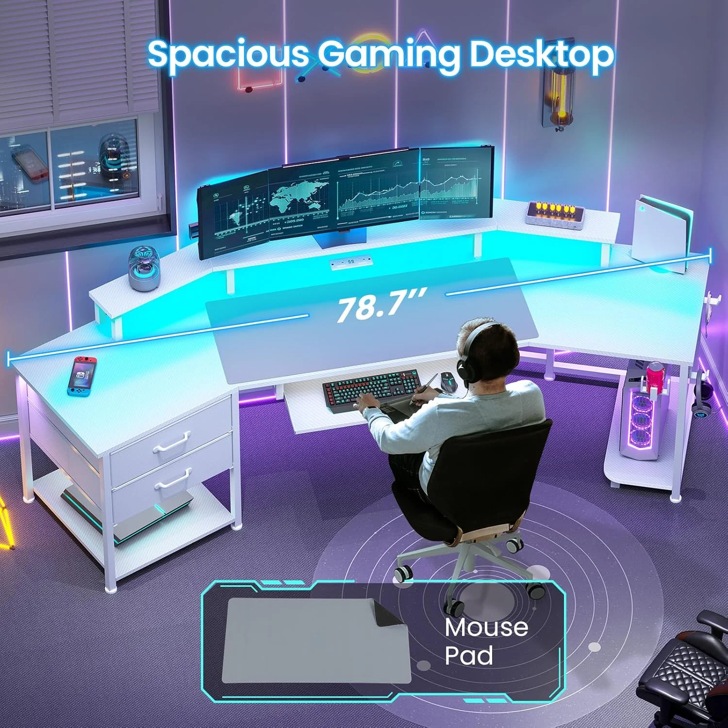 79" Gaming Desk with LED Lights and Power Outlets, U Shaped Desk with Monitor Stand and Drawers, Gaming Table with Keyboard Tray, Cup Holder and CPU Stand for Bedroom, Carbon Fiber Black - Image 22