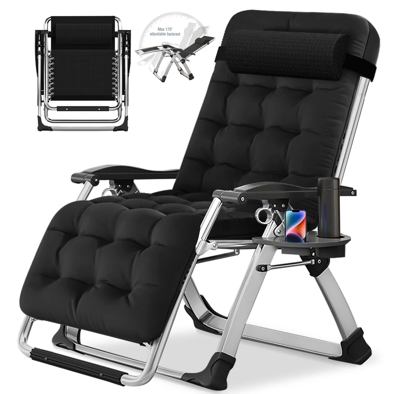 NAIZEA 2 Pack Zero Gravity Chair, Foldable Portable Lawn Recliner with Cushion, Headrest, Cup Holder, Black - Image 34
