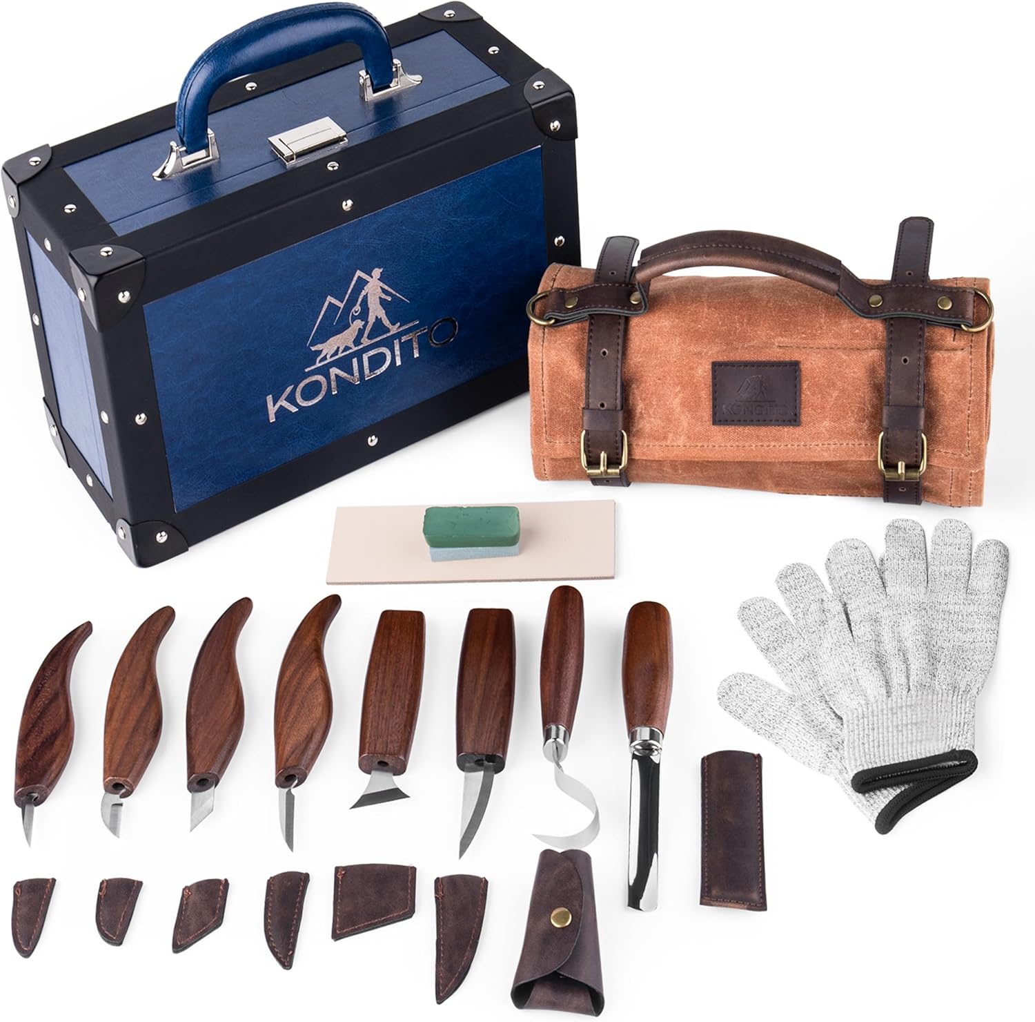 KONDITO Complete Wood Carving Kit – Premium Carving Knives Set with 7Cr17 Steel Blades, Safety Gloves, Honing Strop, Roll Bag & Gift Storage Case – Woodworking Tool Set for Adults & Beginners