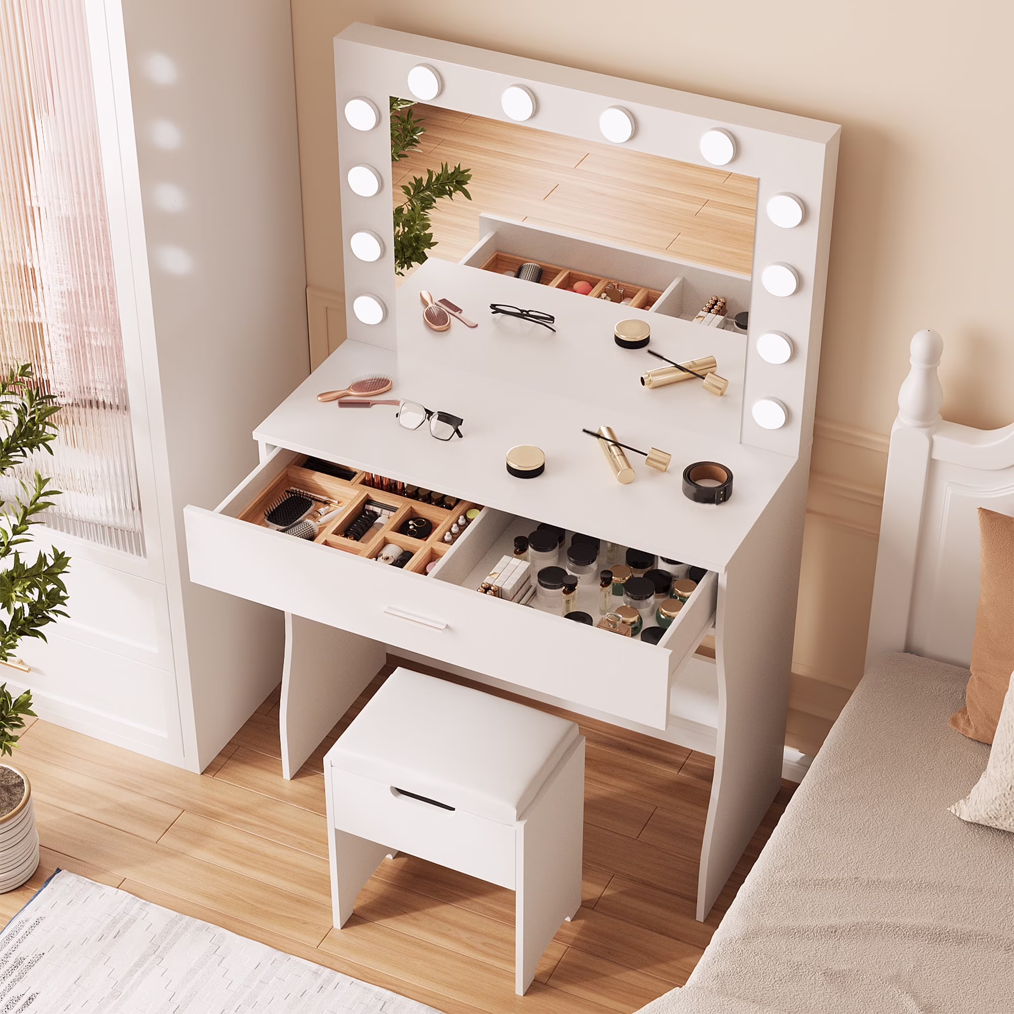 Vanity Table Set with Lighted Mirror,Makeup Vanity with Lights, Large Drawer Sturdy Wood Vanity, White