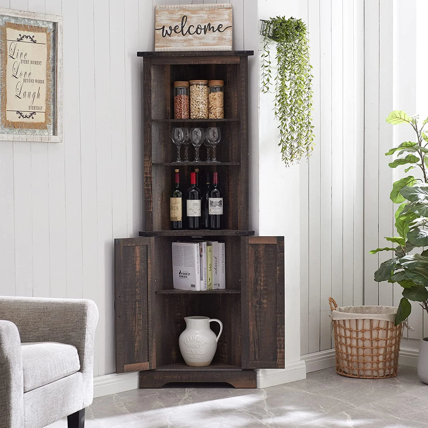 OKD Farmhouse Tall Corner Cabinet with Barn Door & Adjustable Shelves, 68" Rustic Wood Corner Cabinet with Storage Cabinet for Bathroom, Kitchen, Antique White - Image 16
