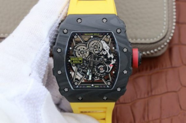 Replica Richard Mille RM035-02 Rafael Nadal FC Titanium Case KVF Skeleton Dial Red Yellow Rubber Strap MIYOTA8215 - Top club