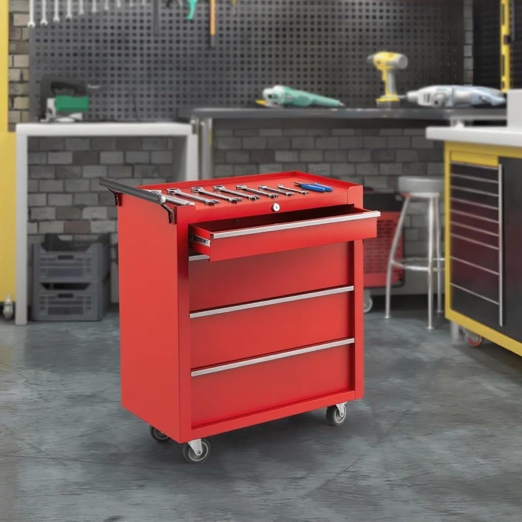 Heavy-Duty Rolling Tool Chest with 4 Lockable Drawers, Featuring a Sturdy Metal Cabinet and Smooth-Wheeling Mobility, Includes Protective Drawer Liners for Secure Storage