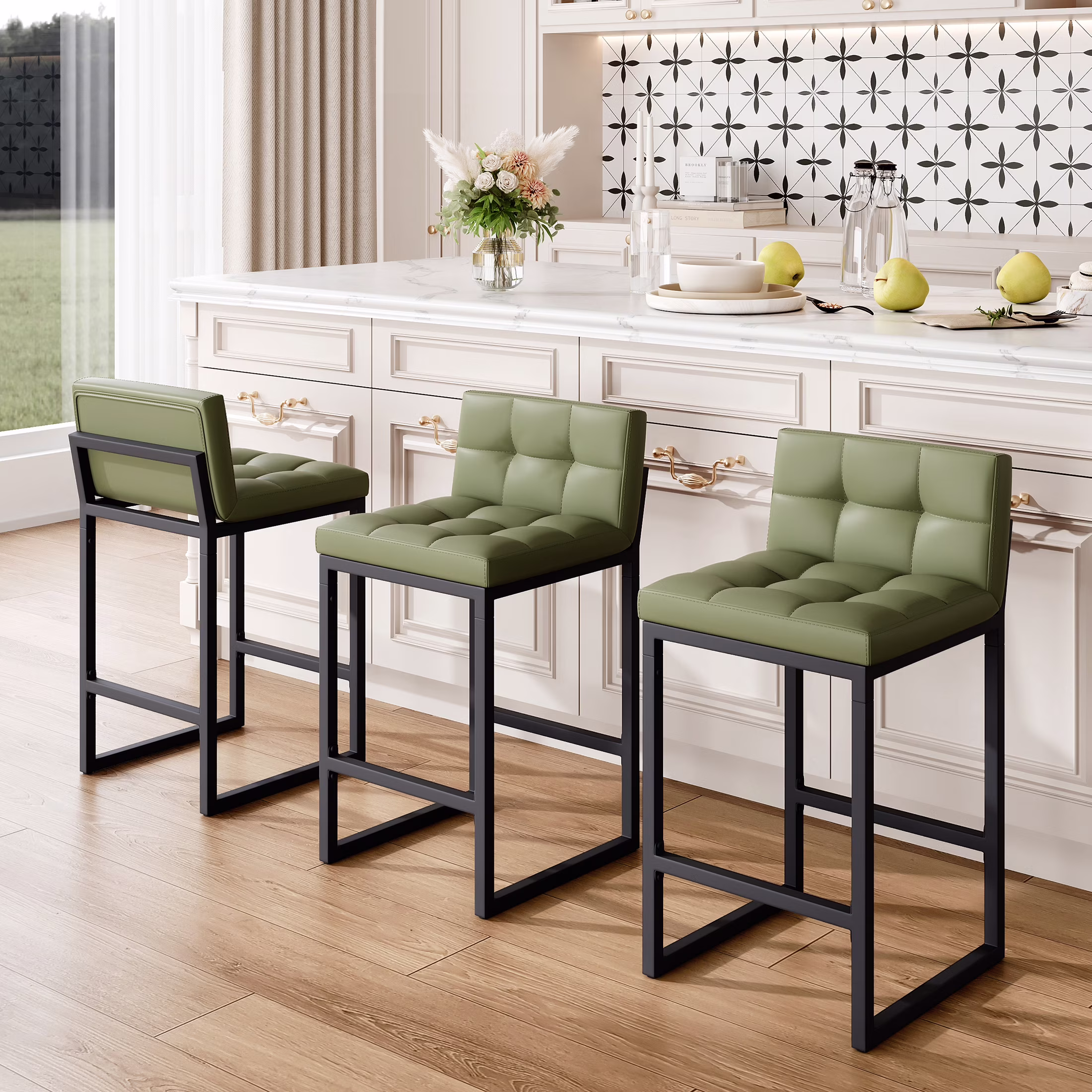 FIRAVOE Bar Stools Set of 3, Counter Height Bar Stools (Low Back)(Thickened Frame) 26" PU Leather Barstools Bar Chairs for Kitchen Island, Black - Image 8