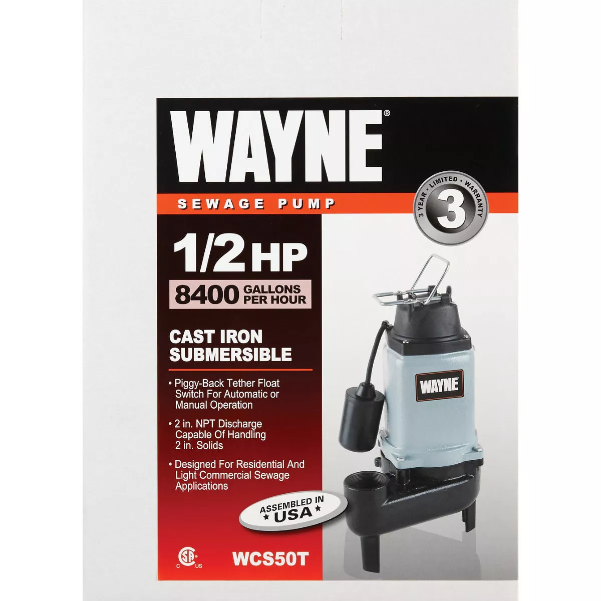 Wayne 1/2 H.P. Cast Iron Sewage Ejector Pump with Piggyback Tether Switch