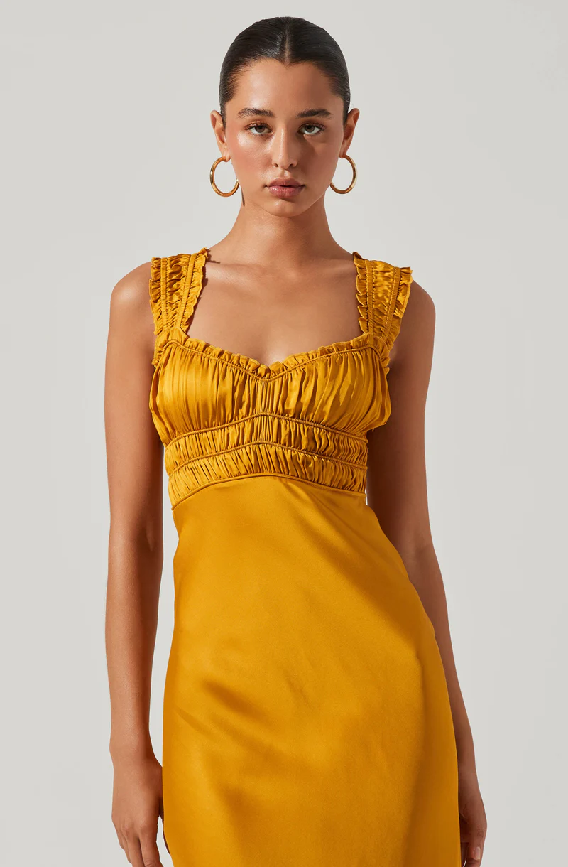 Enola Satin Smocked Midi Dress - Mustard