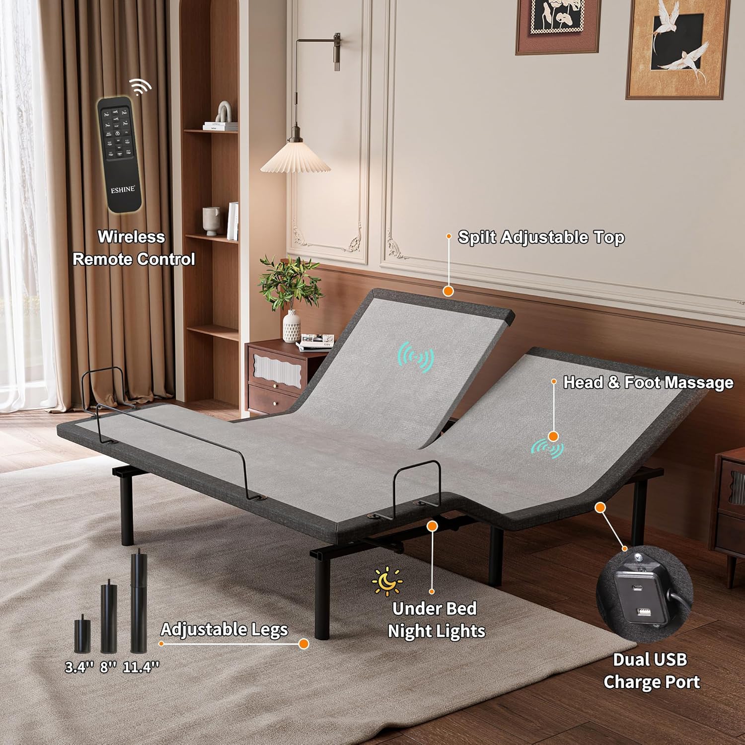 ESHINE Split Top King Adjustable Bed Frame with 14