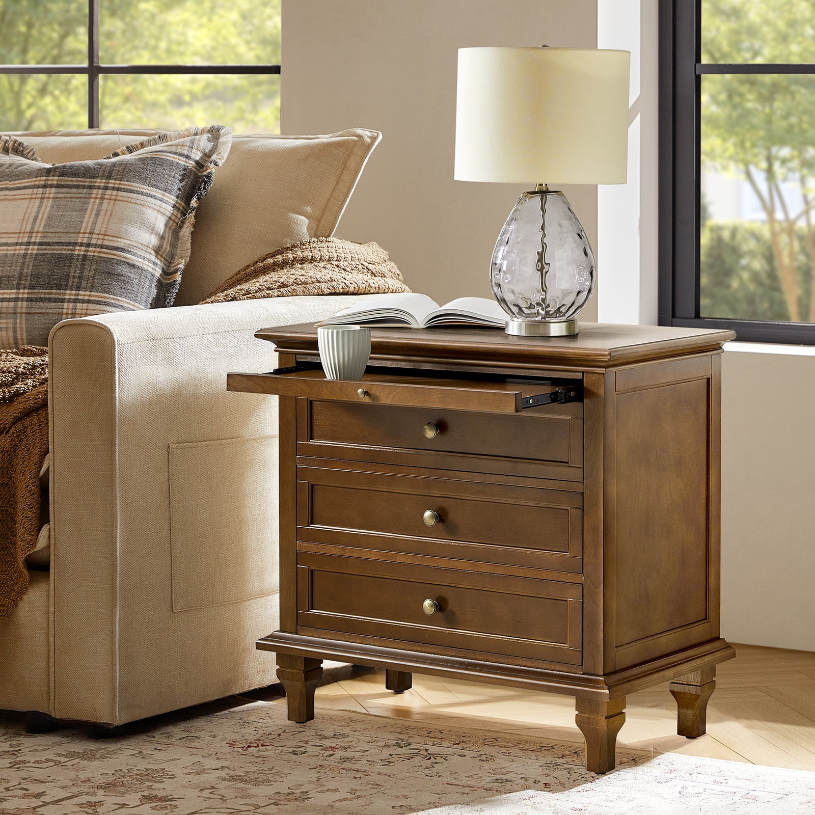 Farmhouse 3 Drawers Nightstand with Tray Bedside Table with Charging Station Acorn - Image 26