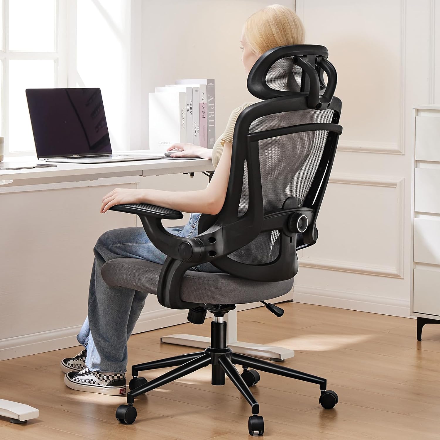 Sweetcrispy Ergonomic Desk Chair Office Chair, 300 LBS Home Mesh Office Desk Chairs with Wheels, 2D Headrest, Up&Down Lumbar Support, Swivel High Back Computer Chair with Flip-up Armrests,Dark Grey