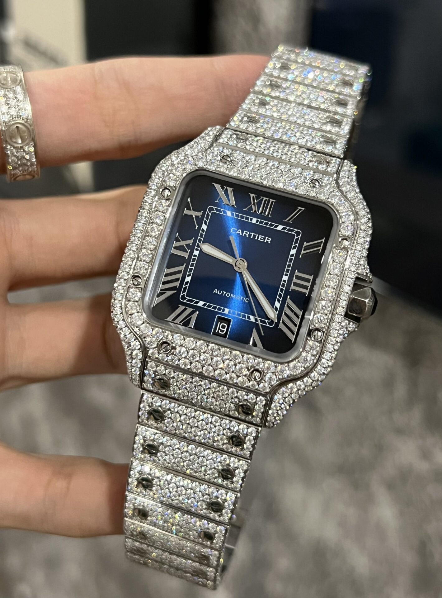 Cartier Santos Best Replica Watch Custom Moissanite Diamonds Blue Dial 39.8mm - Top club
