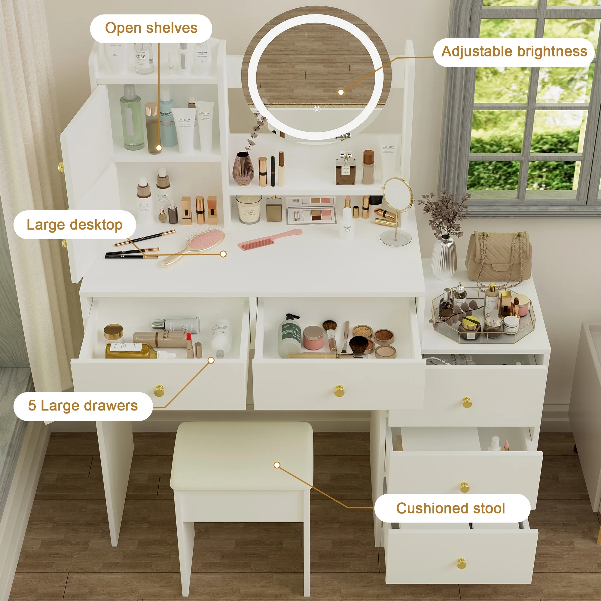 Montary Modern Mini Vanity w/Adjustable LED Mirror + Hidden Storage, Padded Stool & Dustproof Shelves (White) - Image 75
