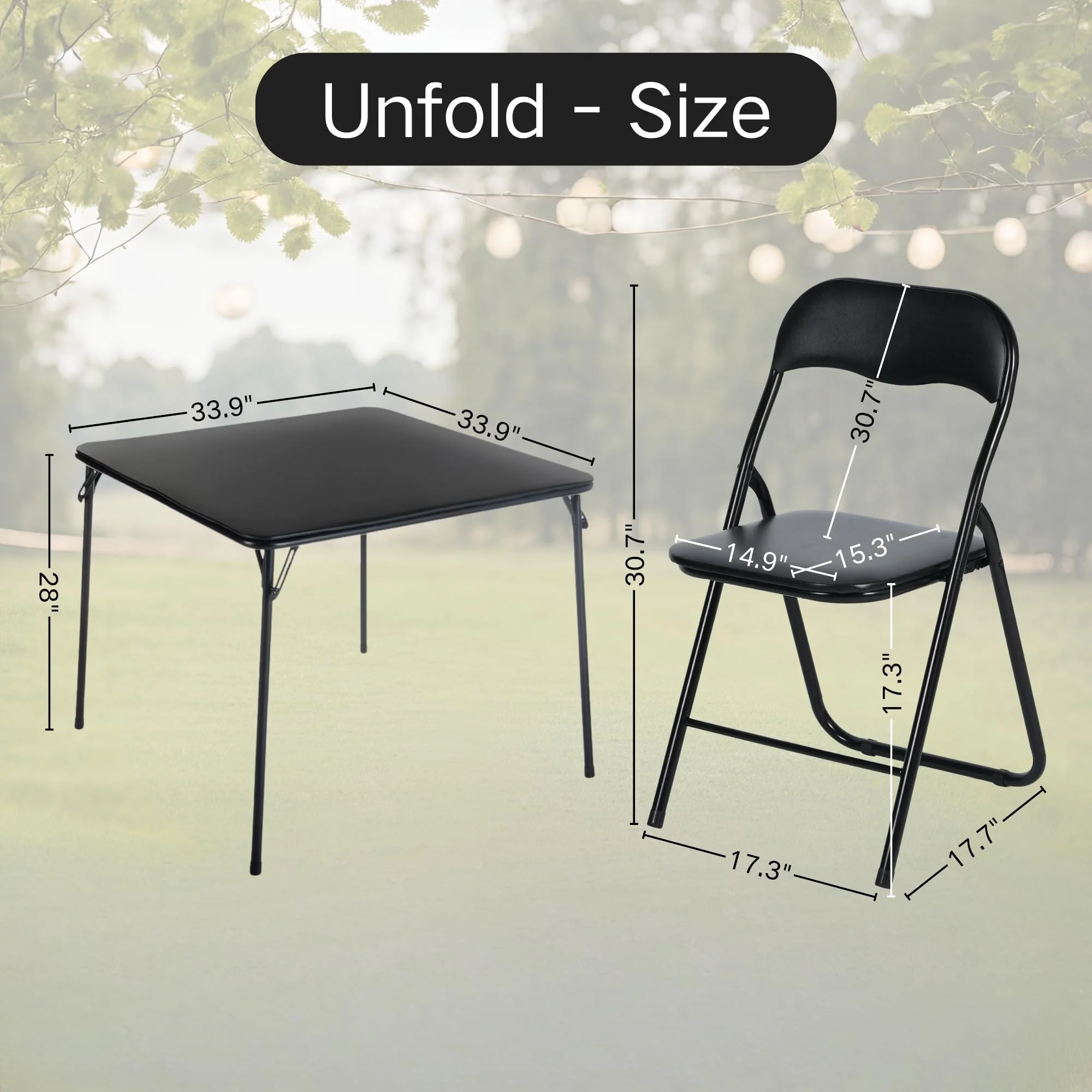 7 Piece Folding Card Table with 6 Foldable Chairs �C 33.9 Inch Square Metal Construction for Indoor & Outdoor Games and Recreation Black