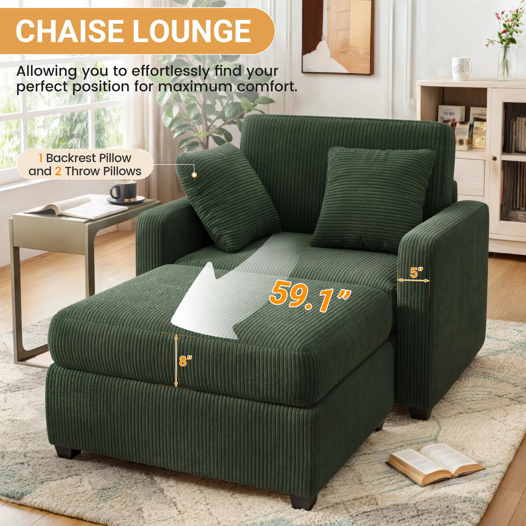 LUMIHO Chaise Lounge Chair Indoor, 42" Sleeper Chair with Two Throw Pillows and Armrests, Corduroy Chaise Couch Chair with Ottoman for Living Room, Bedroom, Apartment, Green - Image 2