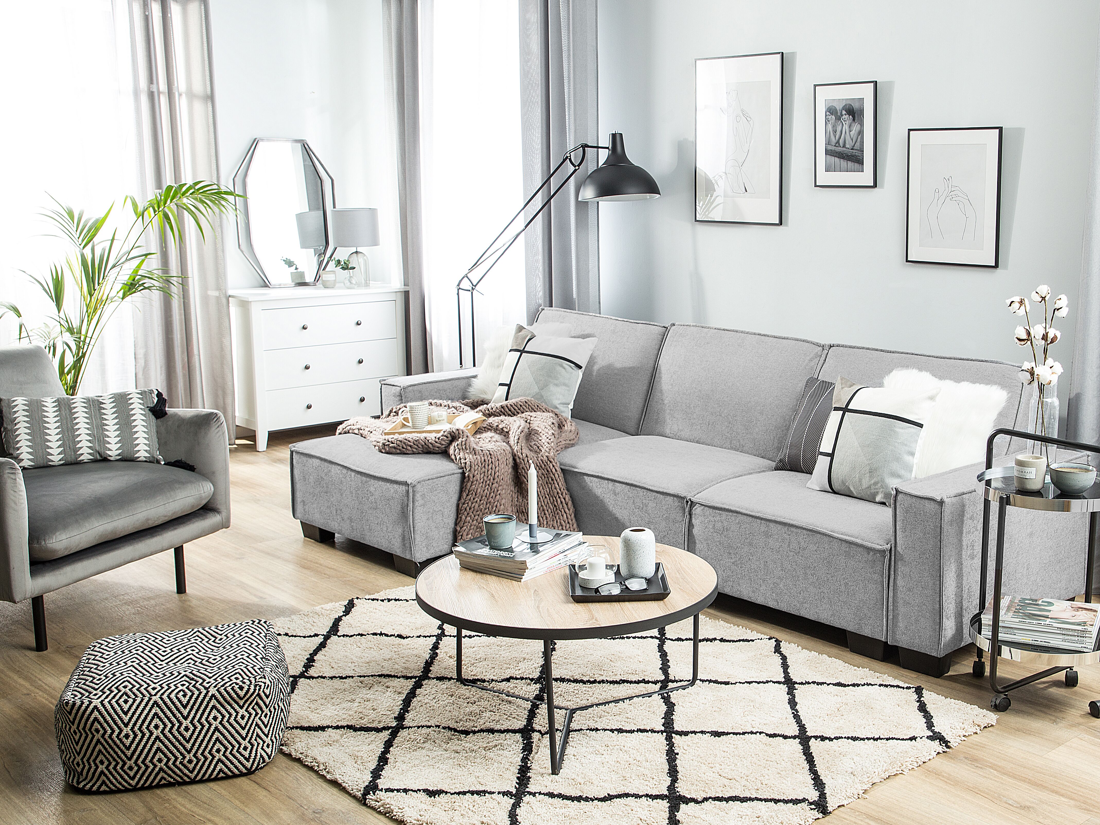 Corner Sofa Bed 3 Seater ROMEDAL Fabric Light Grey Right Hand