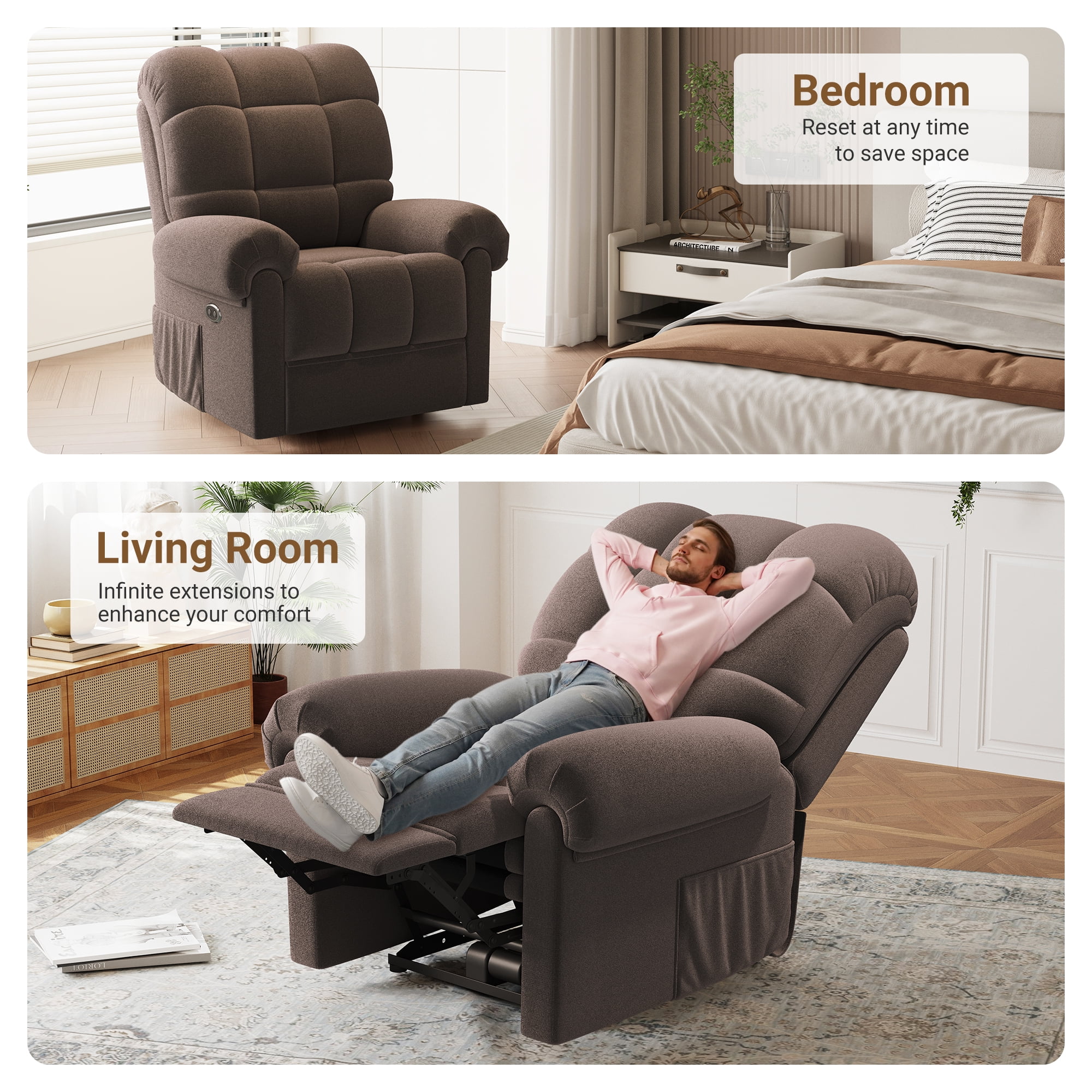 Power Recliner Chair,Electric Recline Sofa Chair for Adults with USB Port,Comfy Teddy Fleece Adjustable Cloud Sofa,Tool-Free Setup,Beige White - Image 29