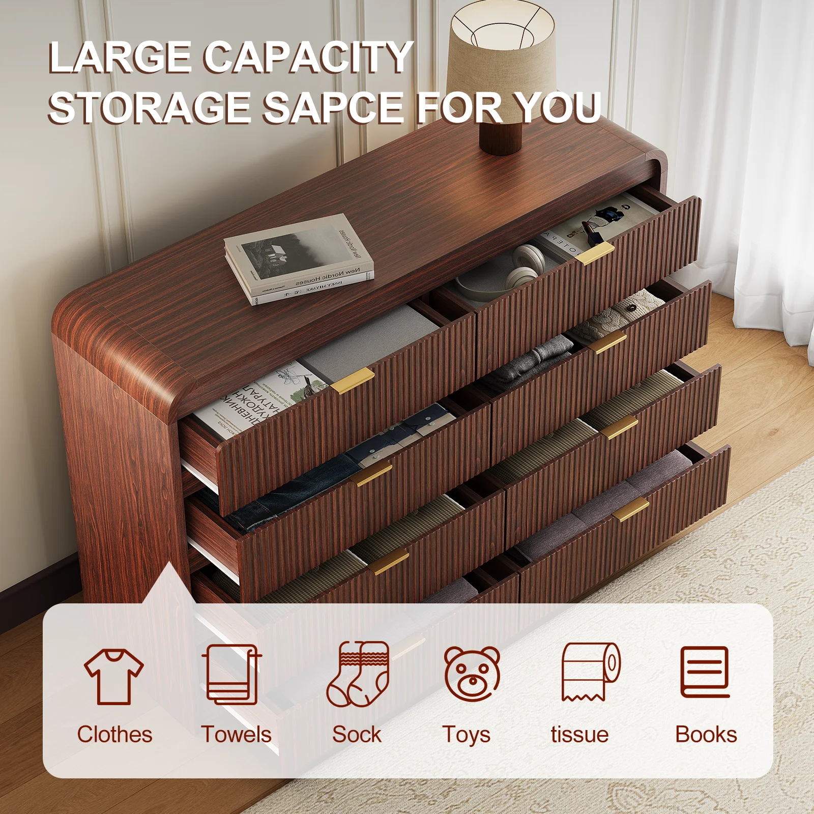 SELOOYE Fluted 5 Drawers Dresser for Bedroom, 47" Tall Modern Dresser Chest of Drawers, Black Accents, Fluted Fronts, Wood Storage Dressers Organizer for Bedroom, Living Room, Natural - Image 13