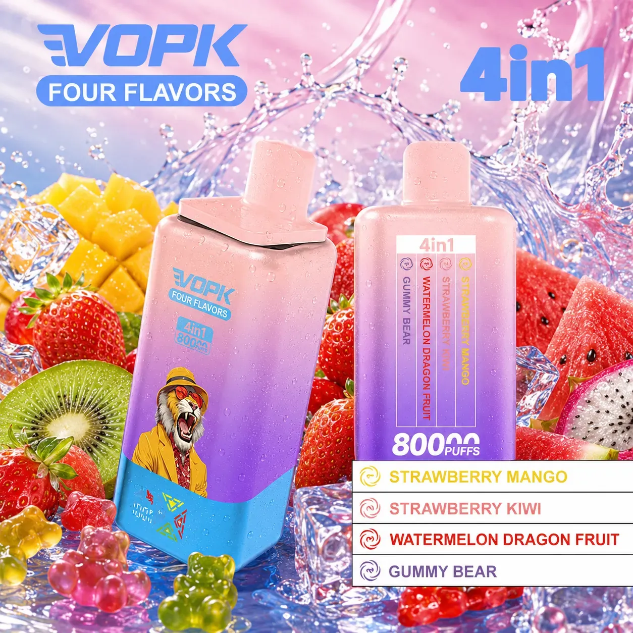 VOPK 80 000 puffów 4in1 – Strawberry Watermelon, Strawberry Kiwi, Watermelon Dragon Fruit, Gummy Bear