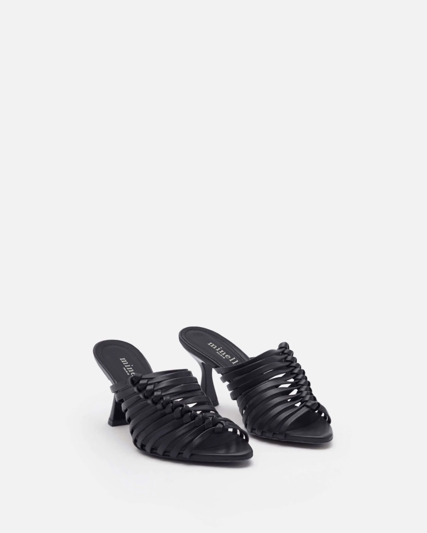 MULES NAELI - En cuir à talons platine et brides entrelacées noir