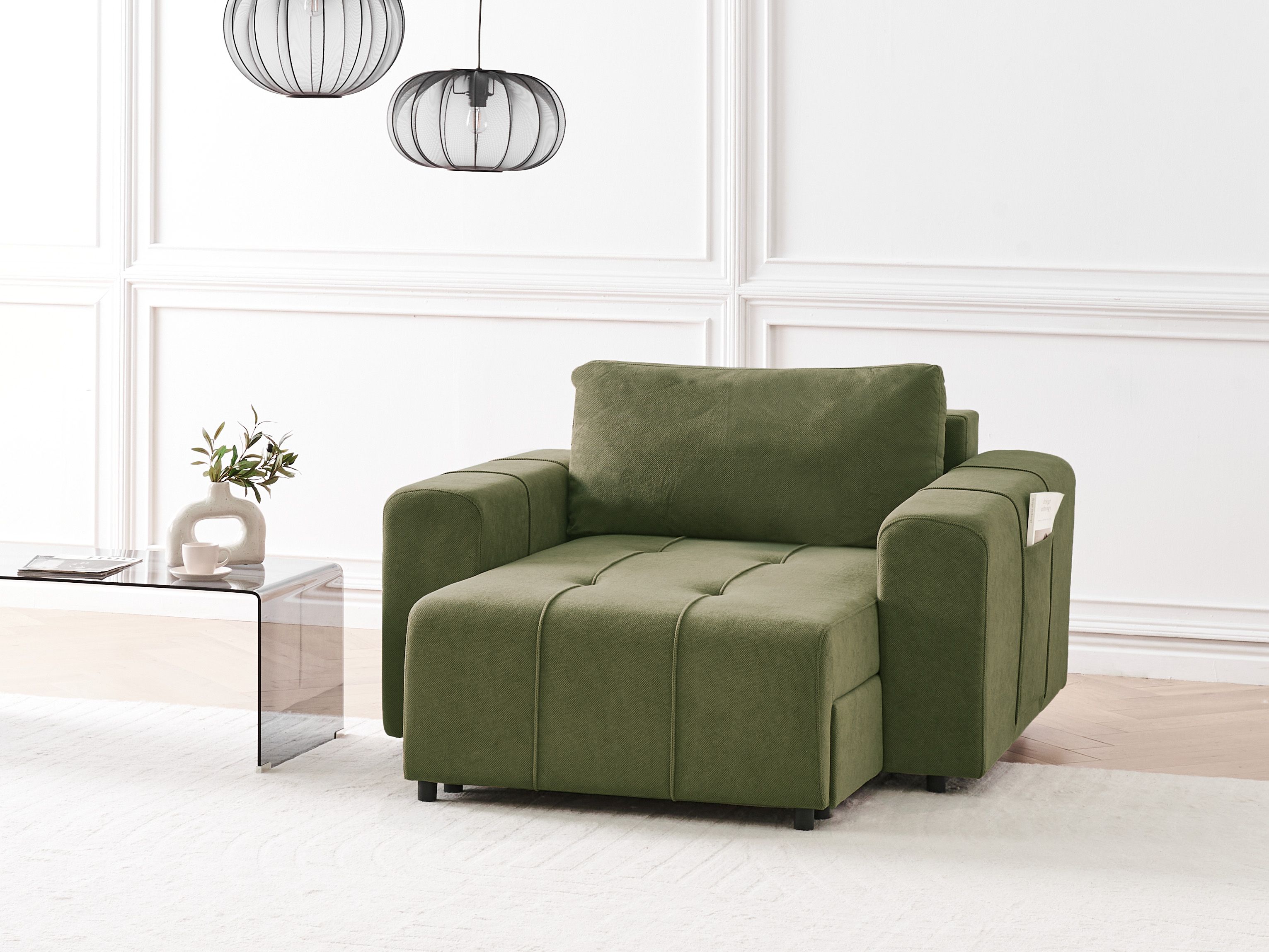 Chaise Longue INNVIK Fabric Green with Storage