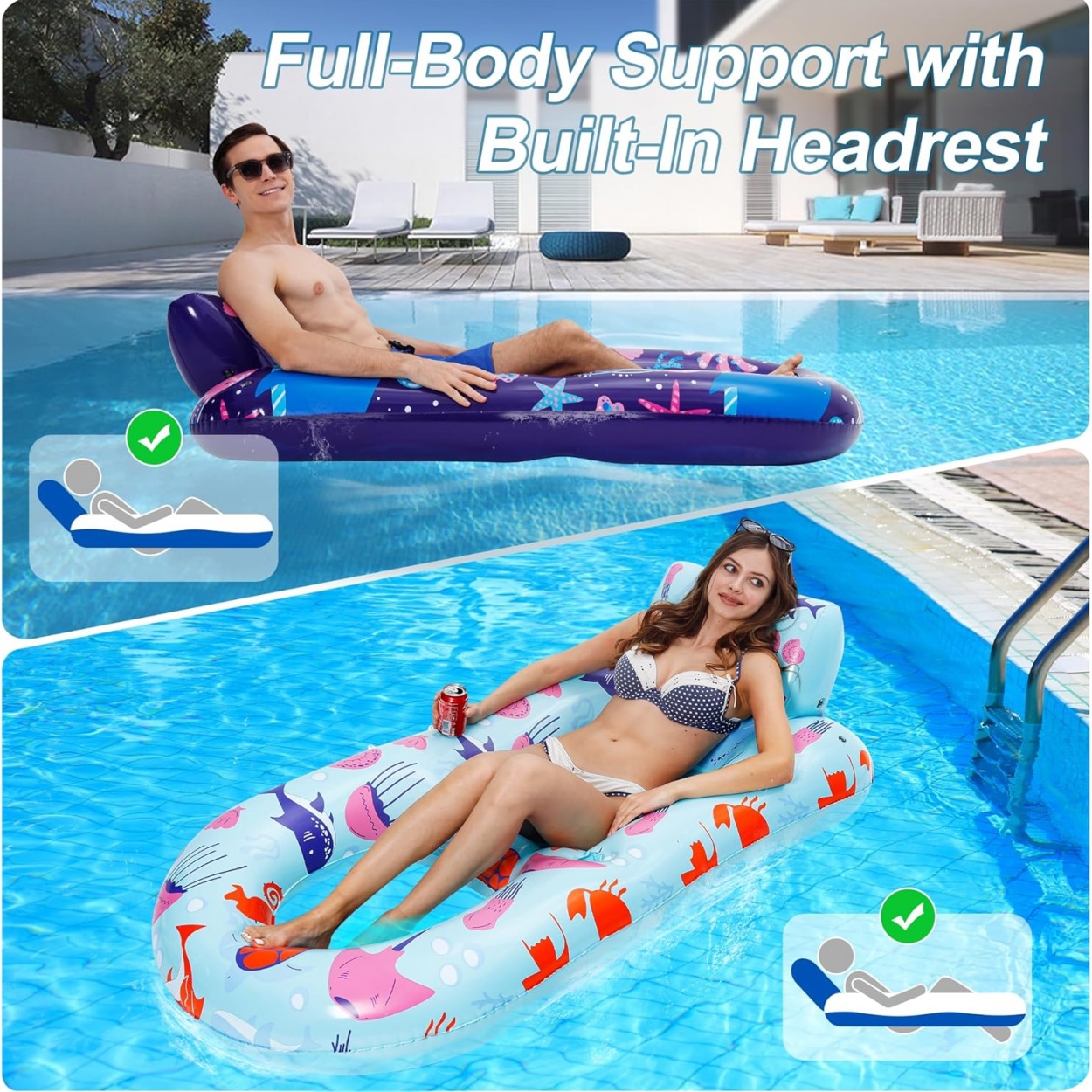 Extra Large Inflatable Pool Lounger Float Heavy Duty Cup Holder Backrest for Adults-Beach Party-Water Amusement Facilities