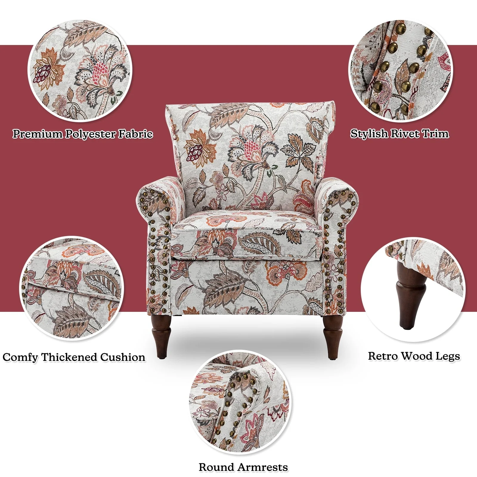 14 Karat Home Wingback Accent Chair Removable Cushion Floral Upholstered Sofa Armchair Couch Wood Legs Nailhead Trim Pink - Image 9