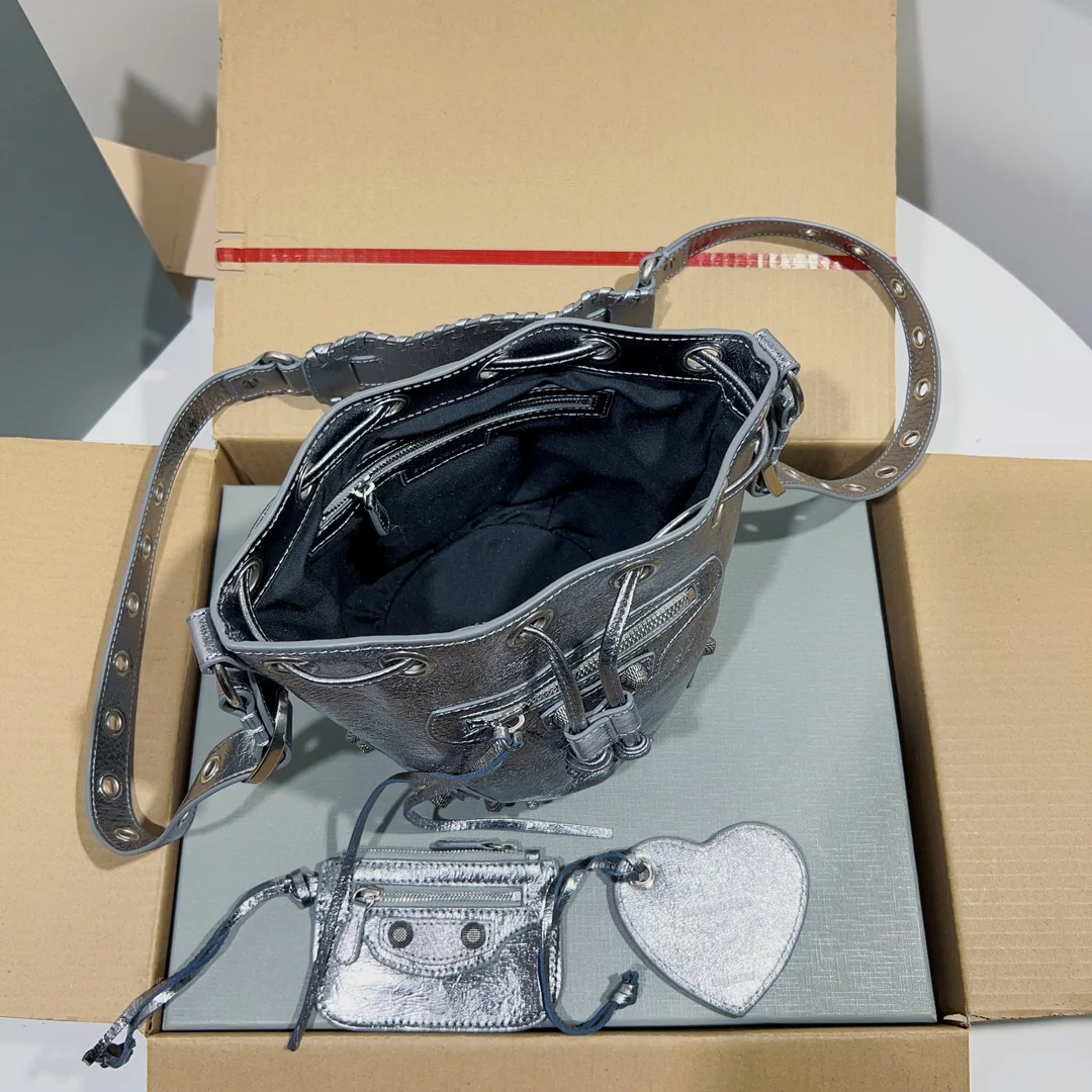 Metallic Black Balenciaga Bucket Bag with Adjustable Straps and Matching Pouch for Stylish Functionality Style No.3032 - Replicaclubs