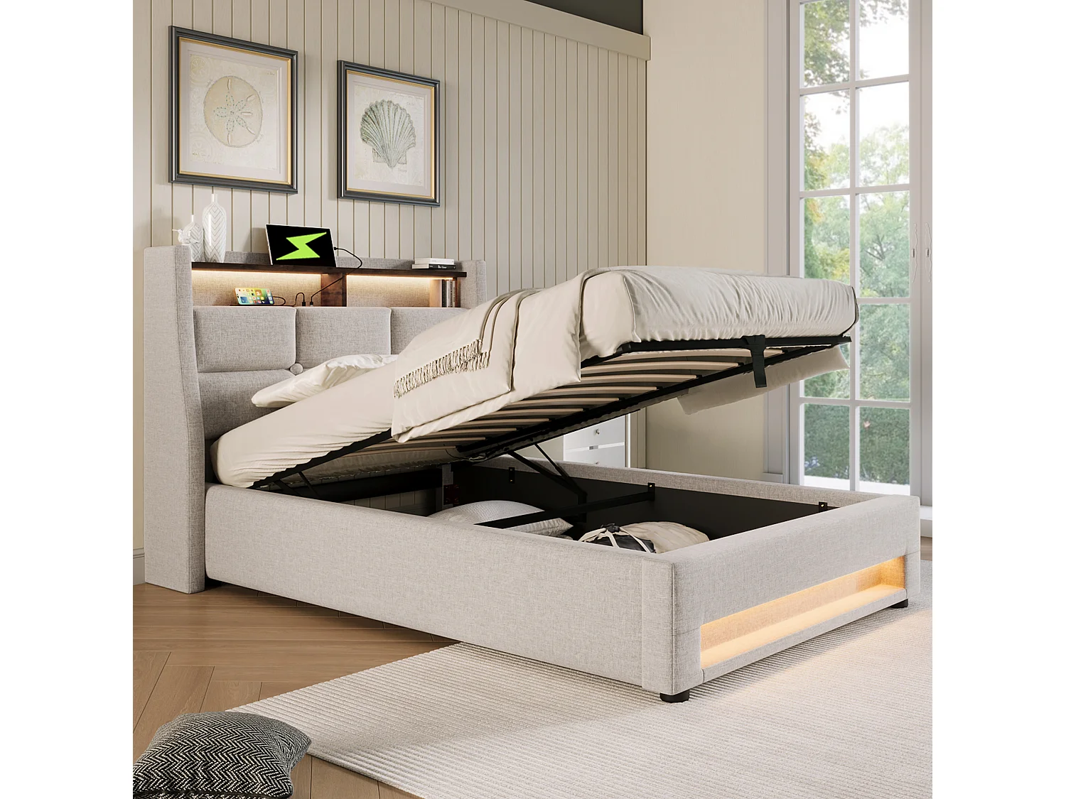 Lit coffre adulte 90x200 cm avec USB et éclairage LED, cadre métallique et en lin beige(sans matelas)