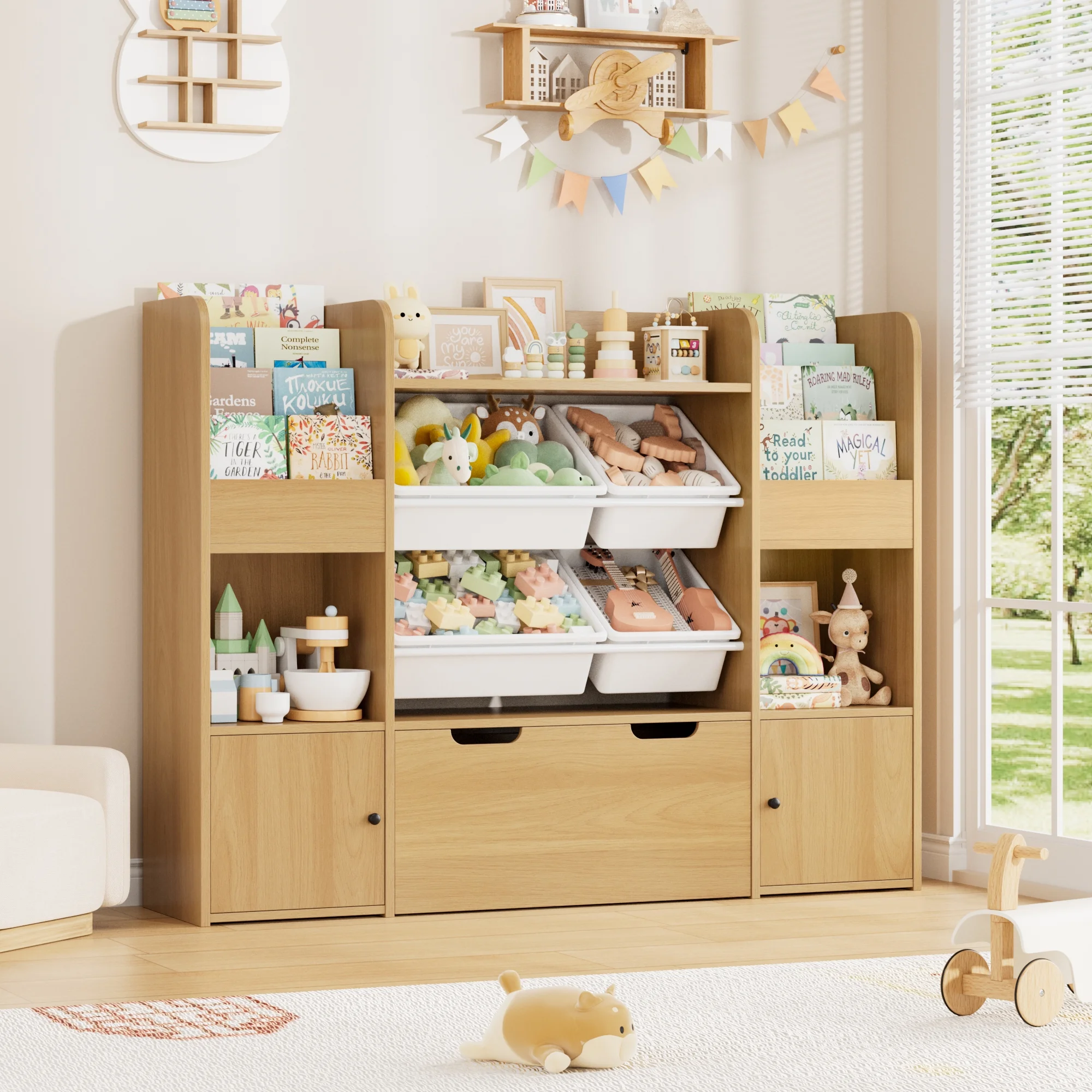 Hiphuta Kids Bookcase Toy Storage Organizer, Wooden Toy Organizer of 4 Bins& 2 Removable Drawers for Home Bedroom, Kids Bookshelf Toy Box with Book Rack, White - Image 16