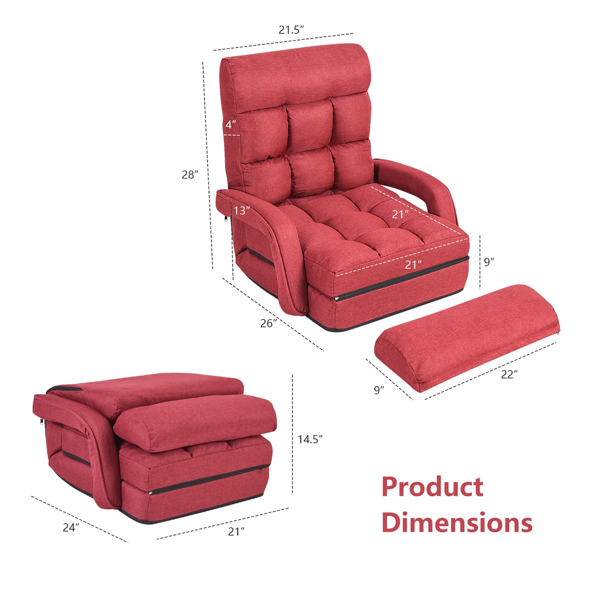 Costway Folding Floor Armchair w/ 6-position Adjustable Back & Lumbar Pillow Red - Image 6