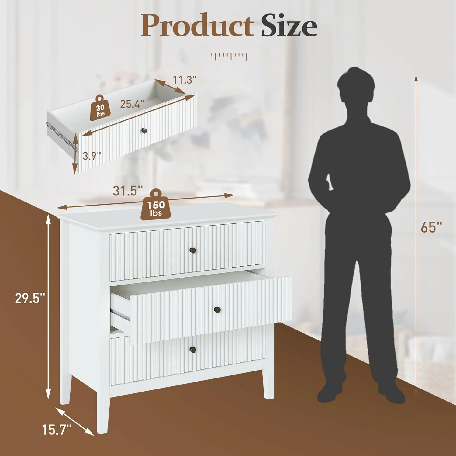 May Color Large White 3 Drawer Dresser Set of 2 with Fluted Panel, Modern Chest of Drawers with Silent Slide Drawers, Wood Accent Nightstand with Storage for Bedroom Living Room, Hallway - Image 2