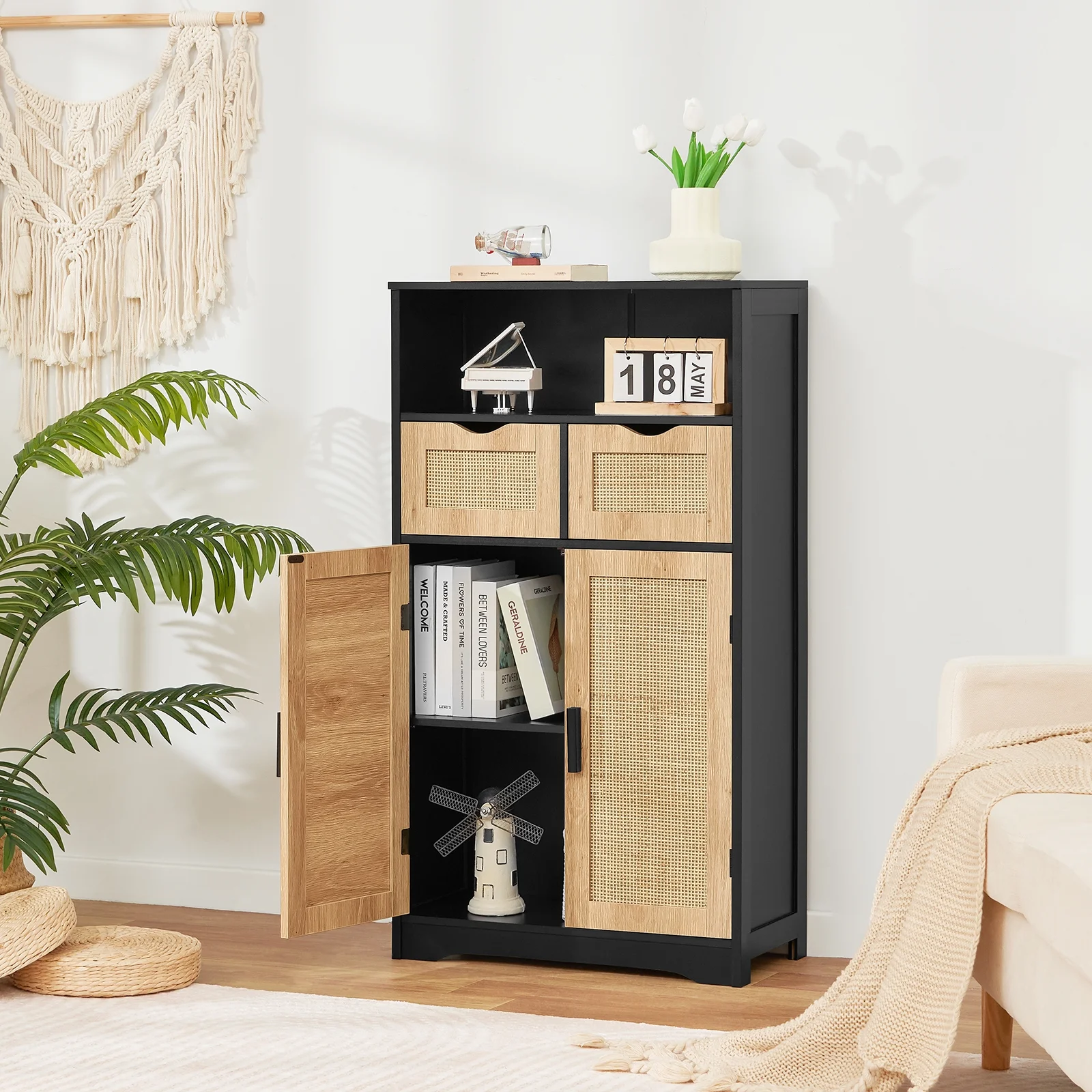 FANGSUM Rattan Storage Cabinet with 2 Drawers & 2 Shelves, Floor Cabinet for Living Room - Image 37