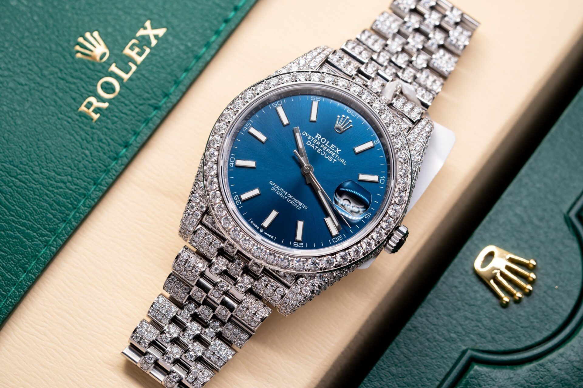 Rolex DateJust 126334 Replica Watch Blue Dial Full Diamond Moissanite 41mm - Top club