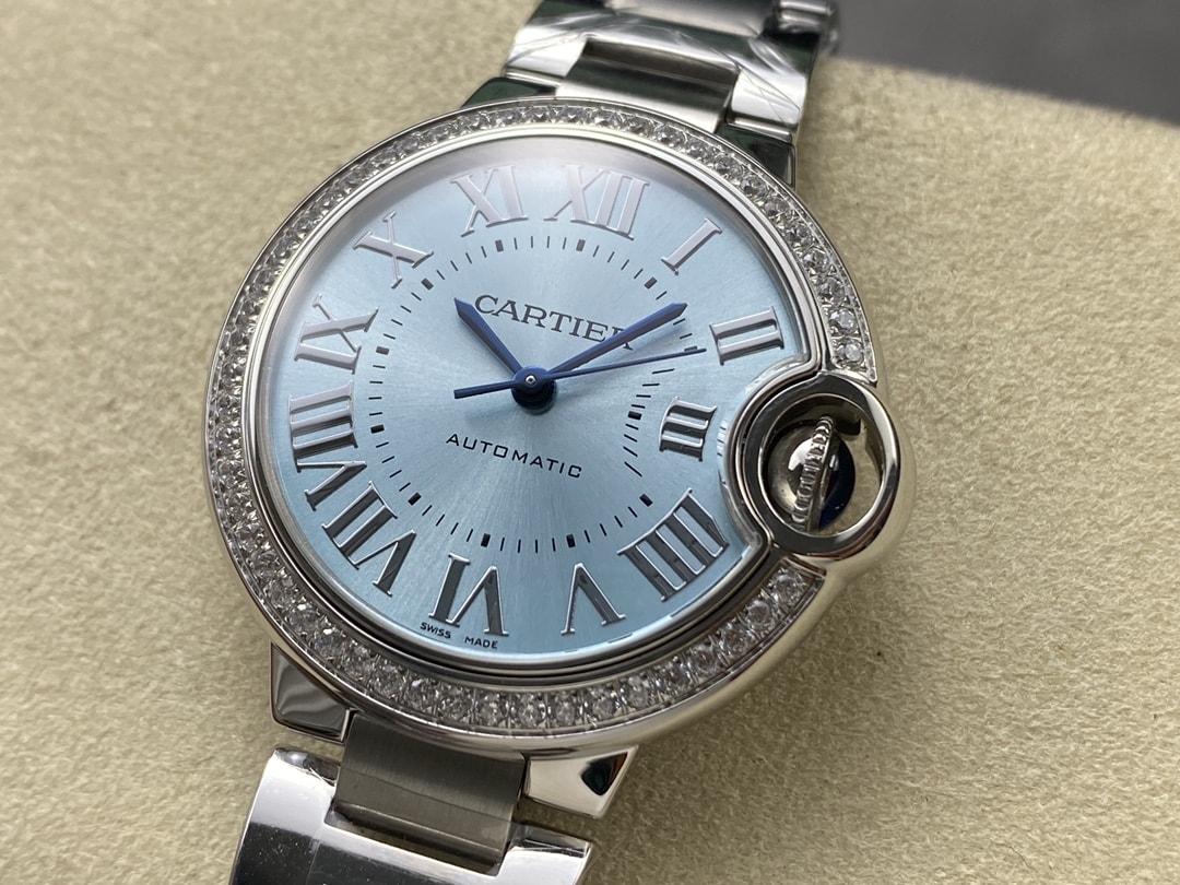 Ballon Bleu de Fake Cartier Watch Steel Diamond Bezel 33mm Blue Silver Dial W4BB0028(1:1 replica) - Top club