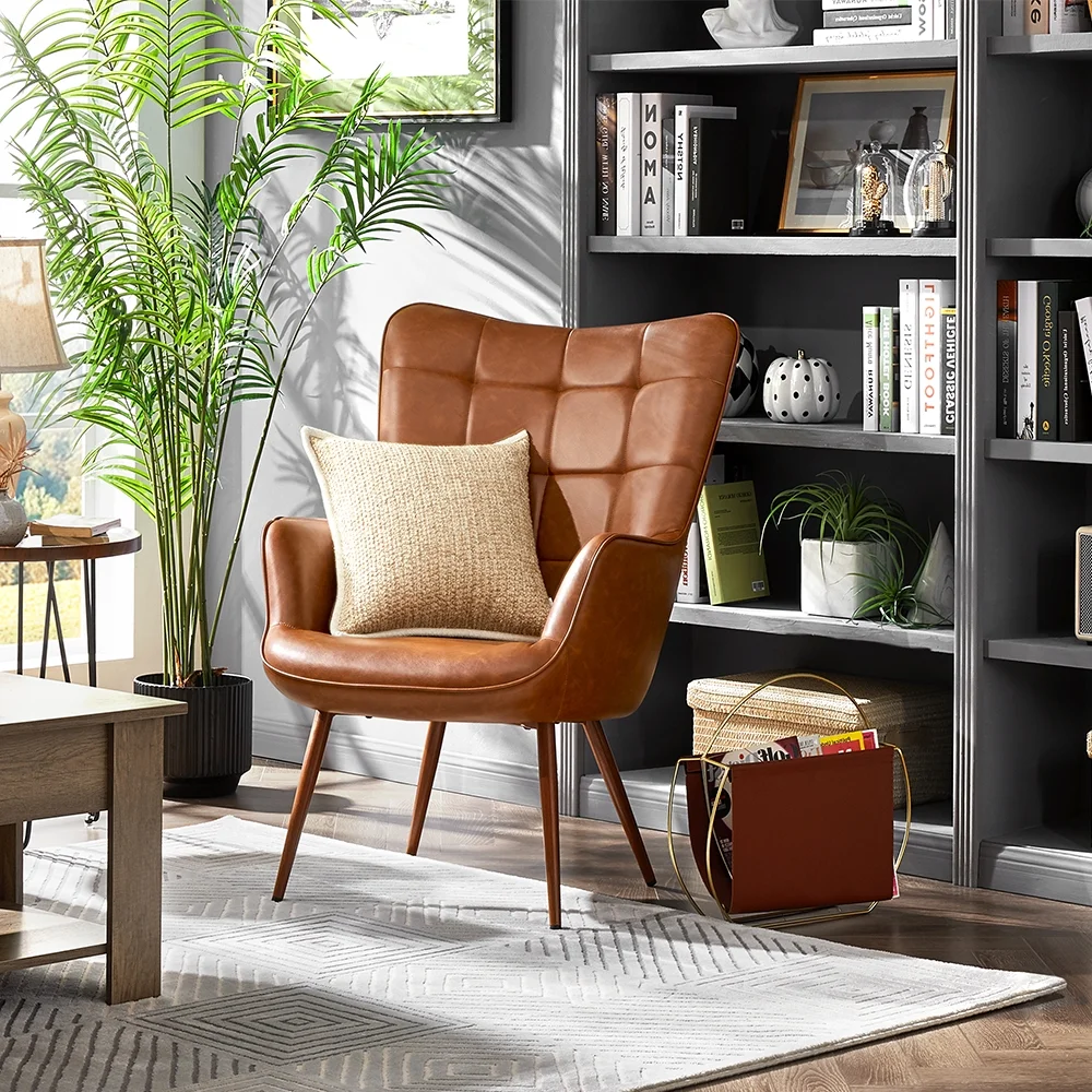 Alden Design Mid-Century Modern Faux Leather Wingback Accent Chair, Brown - Image 4