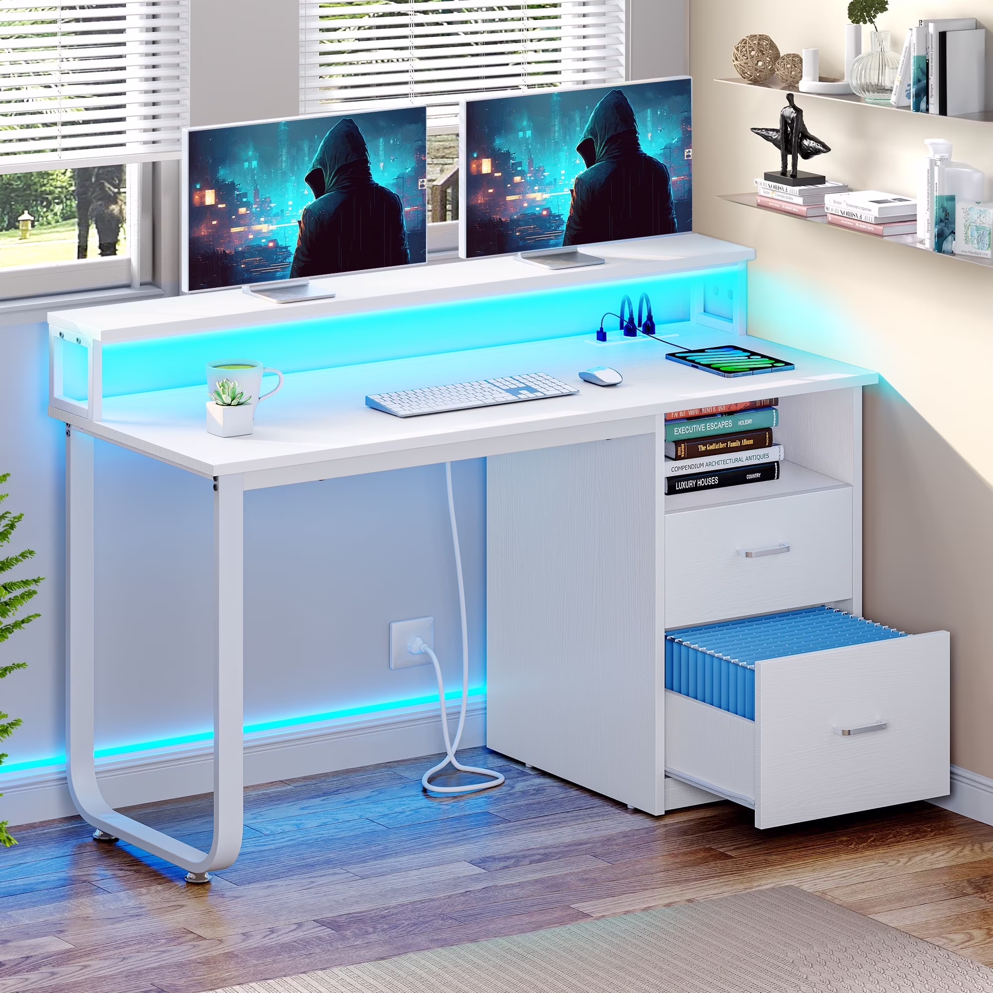 Dextrus 47 inch Computer Desk with Storage Drawers & LED Light, Office Desk with Monitor Stand & Power Outlets, Work Study PC Desk for Small Spaces, Home Office, Oak - Image 7
