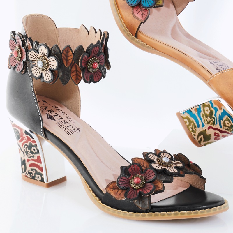 L'Artiste Leather Doublelove Sandal by Spring Step with 3D Flowers - MIDNIGHT VELVET CATALOG