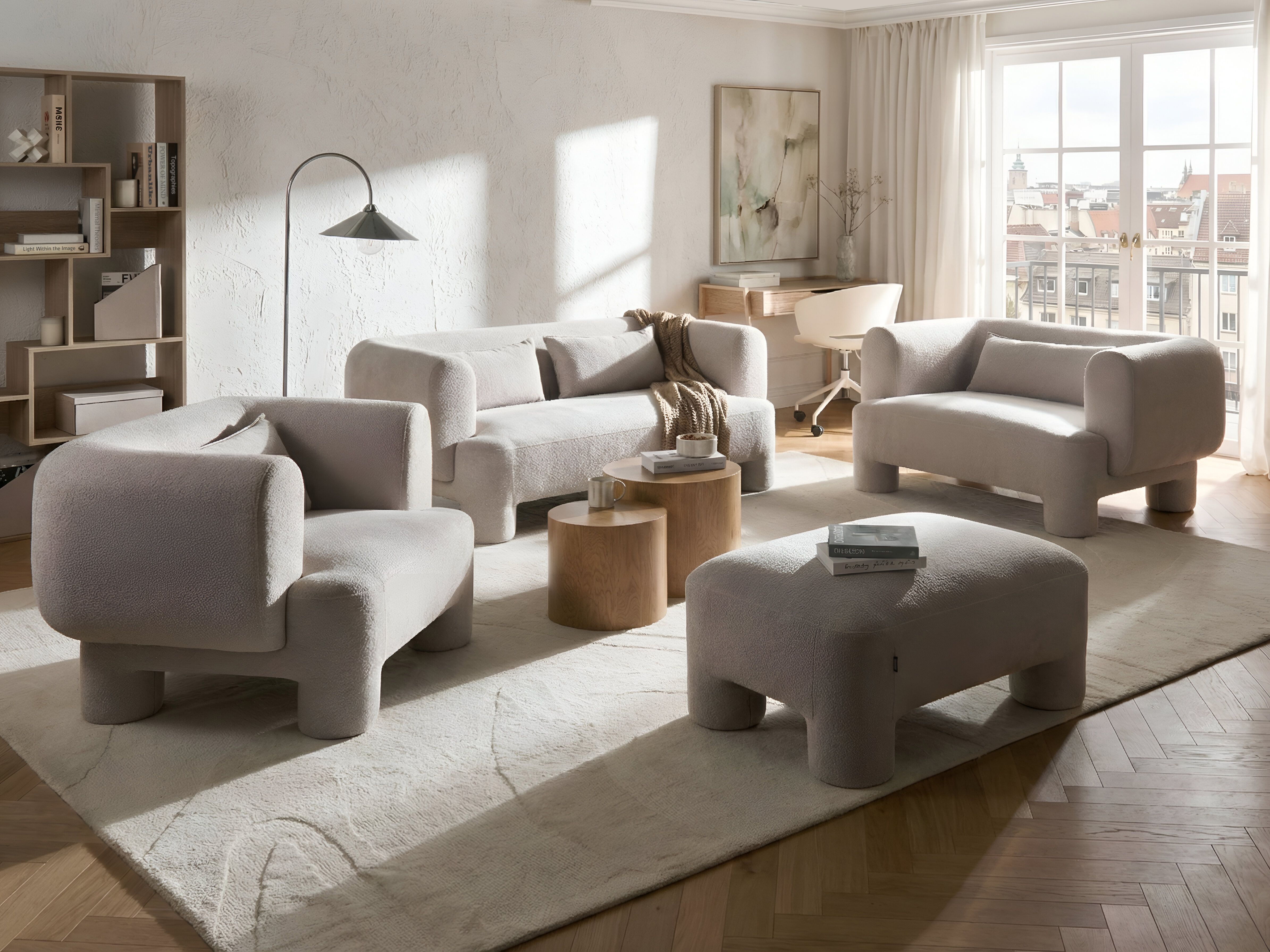 Living Room Set 6 Seater HOGBO Fabric Beige with Ottoman
