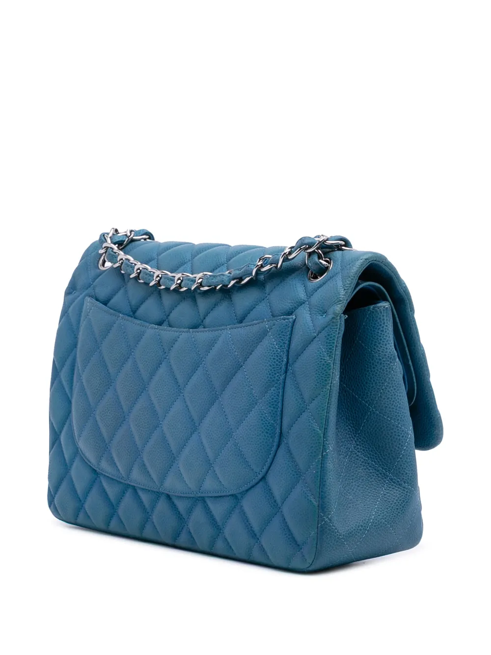 CHANEL Classic Double Flap Bag - Quilted Blue Caviar Leather & Silver Hardware - COZYMIZE