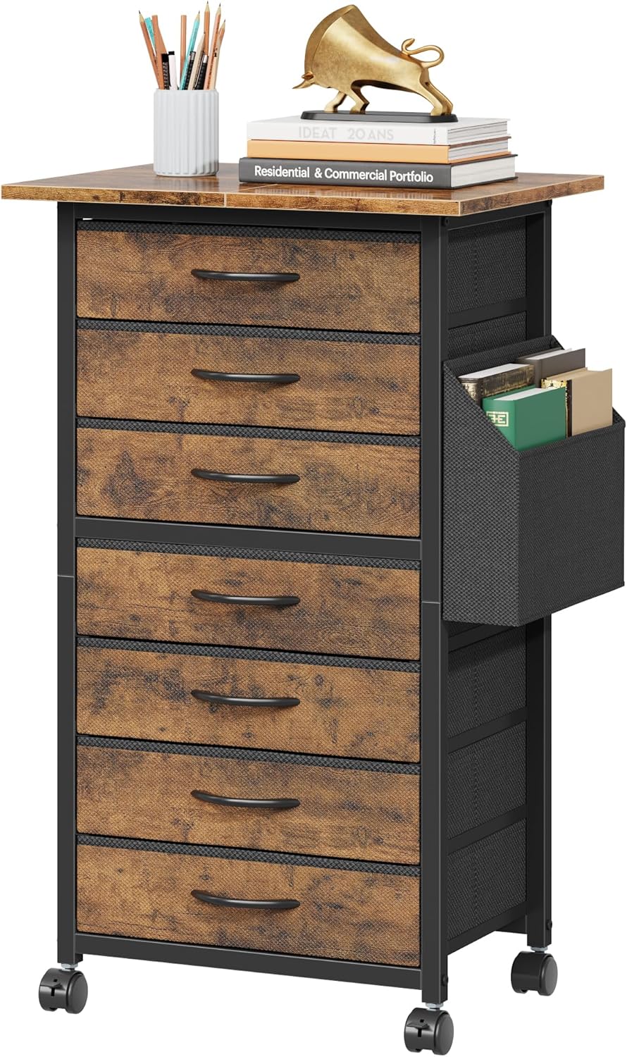 HIGDBFE 7 Fabric Drawers File Cabinet with Side Pocket, Rolling Printer Stand with Storage for Home Office, Wood Top Storage Cabinet for Documents and Crafts, Rustic Brown, 15
