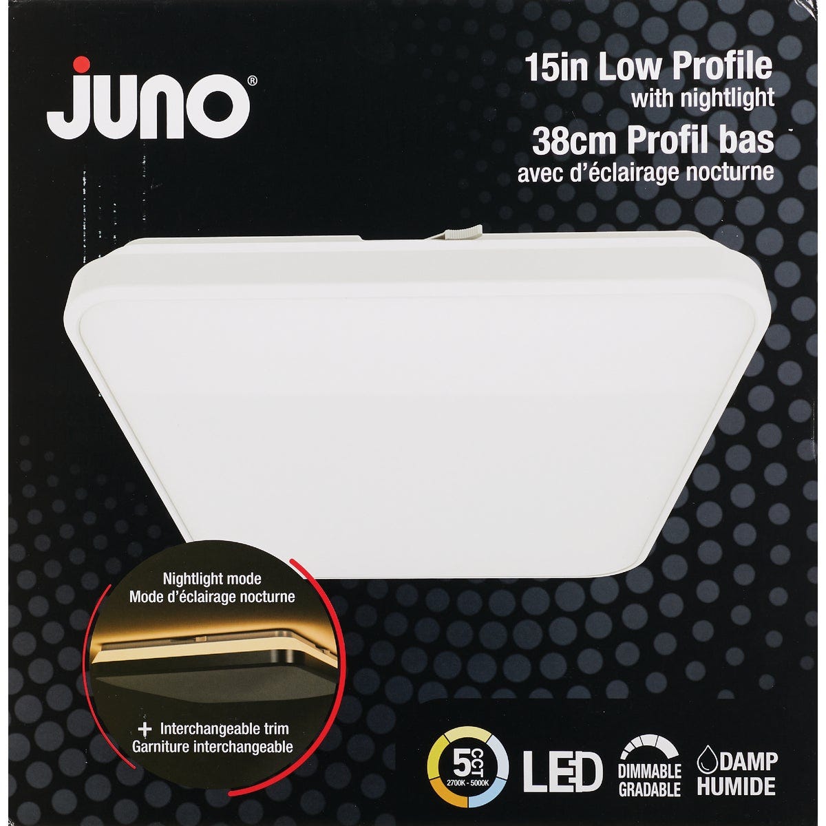 Juno 15 In. CCT LED Low Profile Square Flush Mount Light with Interchangeable Trim & Nightlight