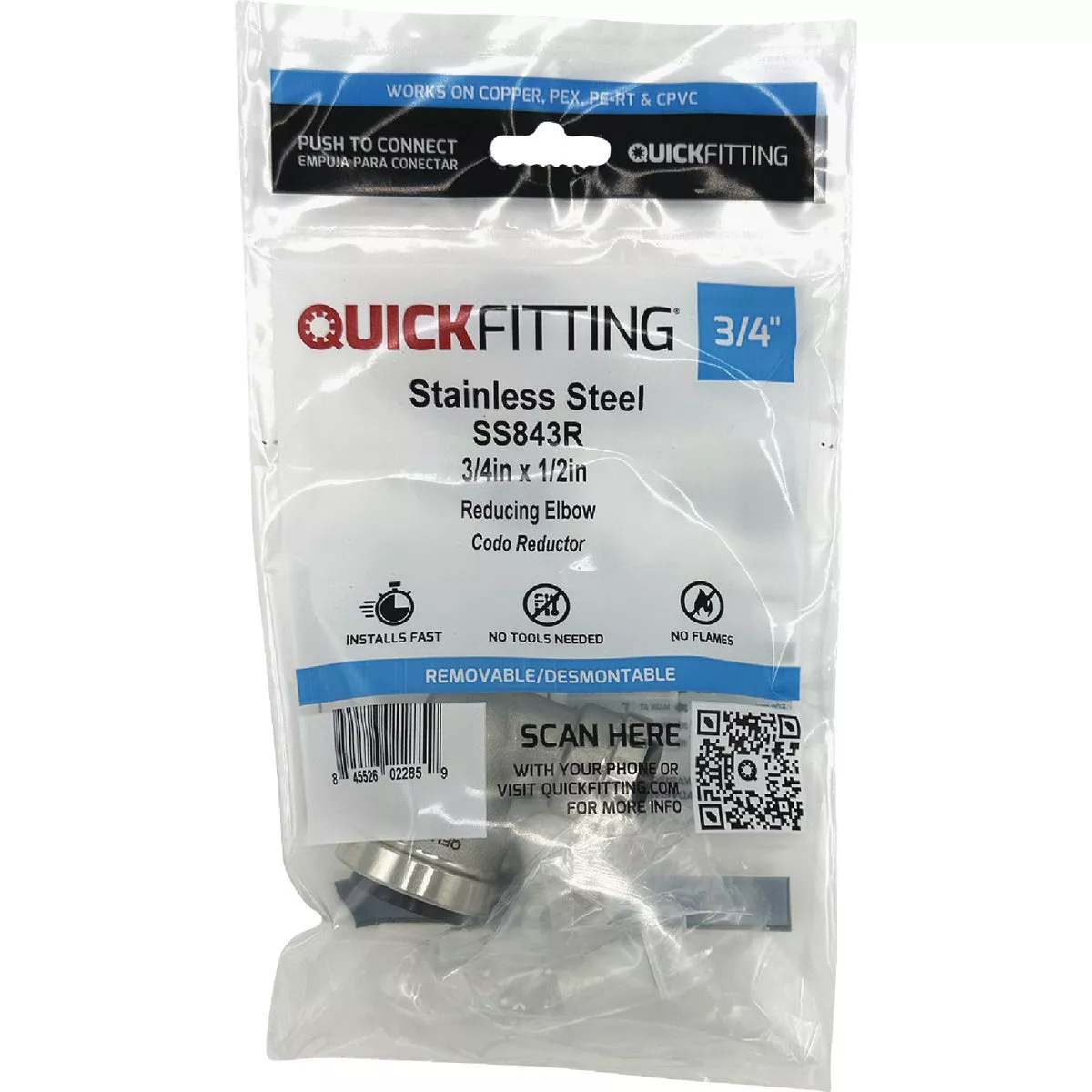 QuickFitting 3/4 In. x 1/2 In. Push-to-Connect Stainless Steel 90-Degree Reducing Elbow