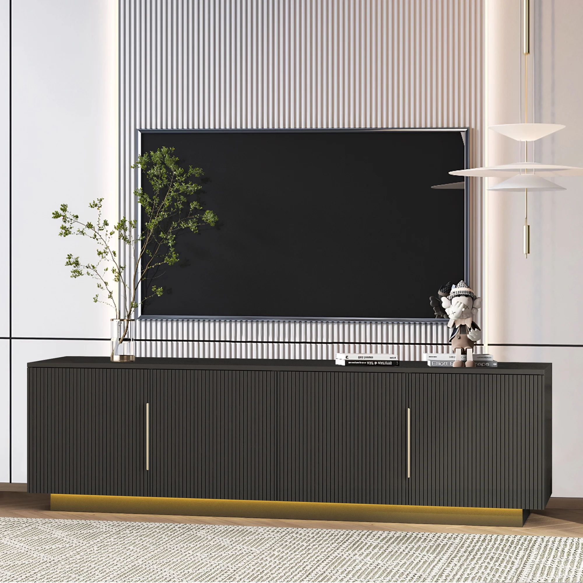 HIUU Fluted TV Stand Black,Black TV Console for Living Room,Mid Century Modern Entertainment Center 65 Inch TVs,Luxury Retro Console Table