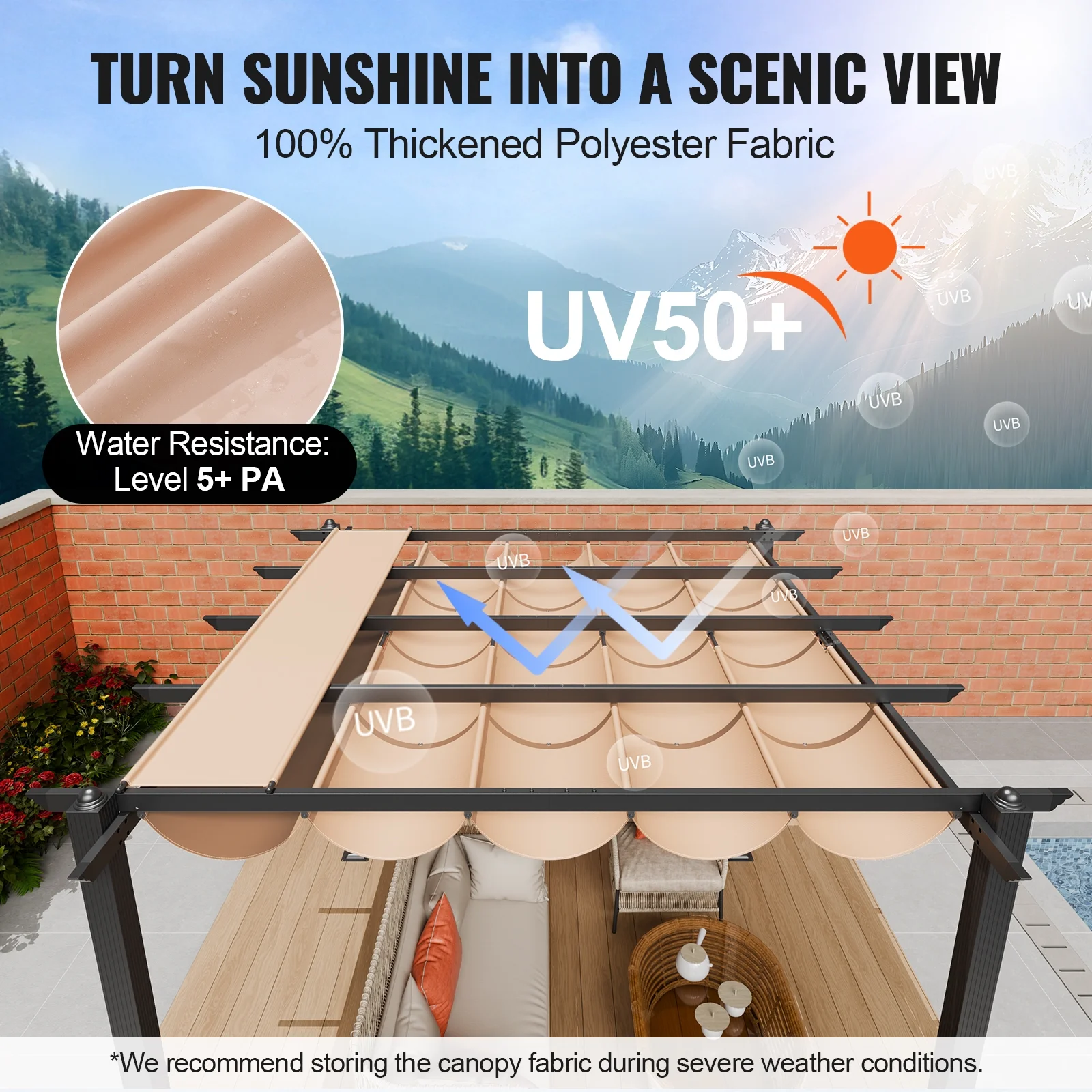 KFFKFF 10'x10' Aluminum Patio Pergola, Retractable Sun Shade Canopy, Ideal for Outdoor Gardens, Decks, and Backyards - Beige - Image 6