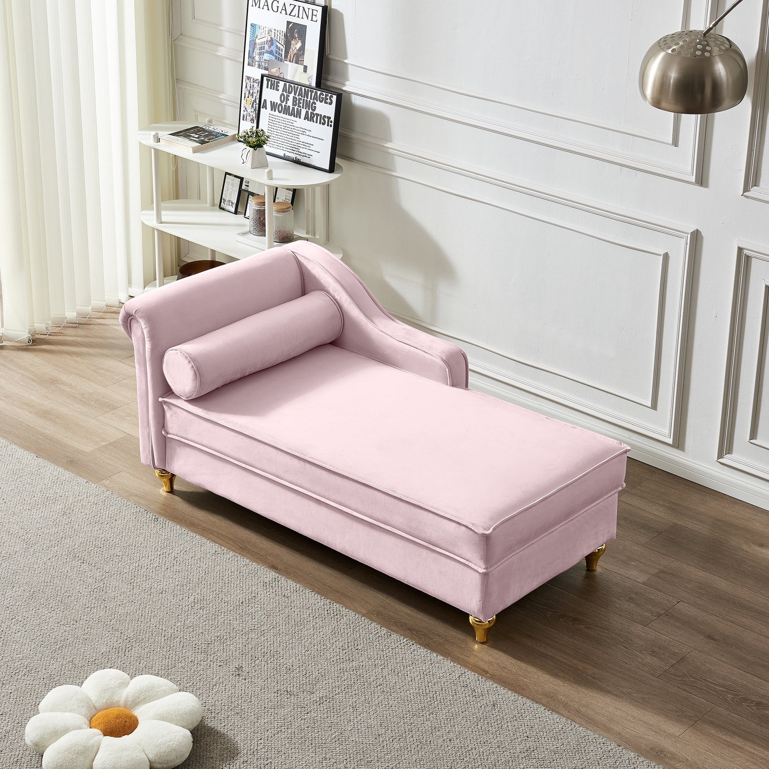 60.6" Velvet Chaise Lounge with Storage, Small Sofa Trimmed with Solid Metal Legs with 1 Pillow, Pink - Image 3