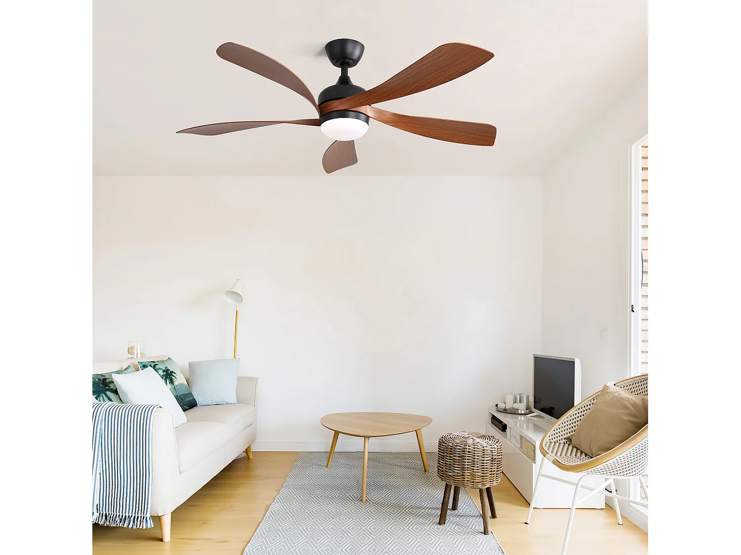 Ventilateur de plafond 132 cm avec éclairage LED tricolore à intensité variable, 5 pales en ABS et télécommande