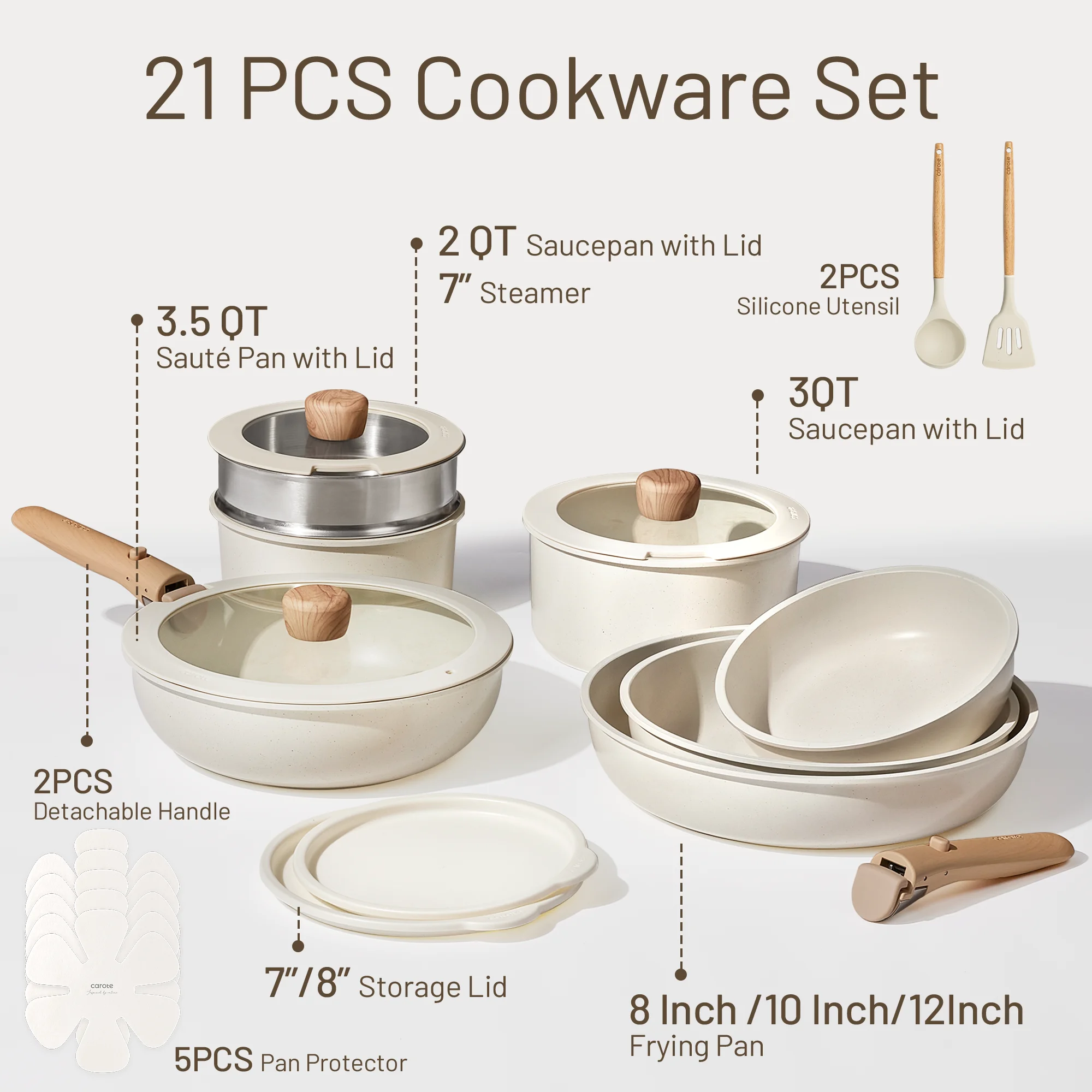 Carote 21 Pcs Nonstick Cookware Set, Pots and Pans Set with Detachable Handles, Oven/Dishwasher Safe, Stackable Kitchen Cooking Set, White Granite.