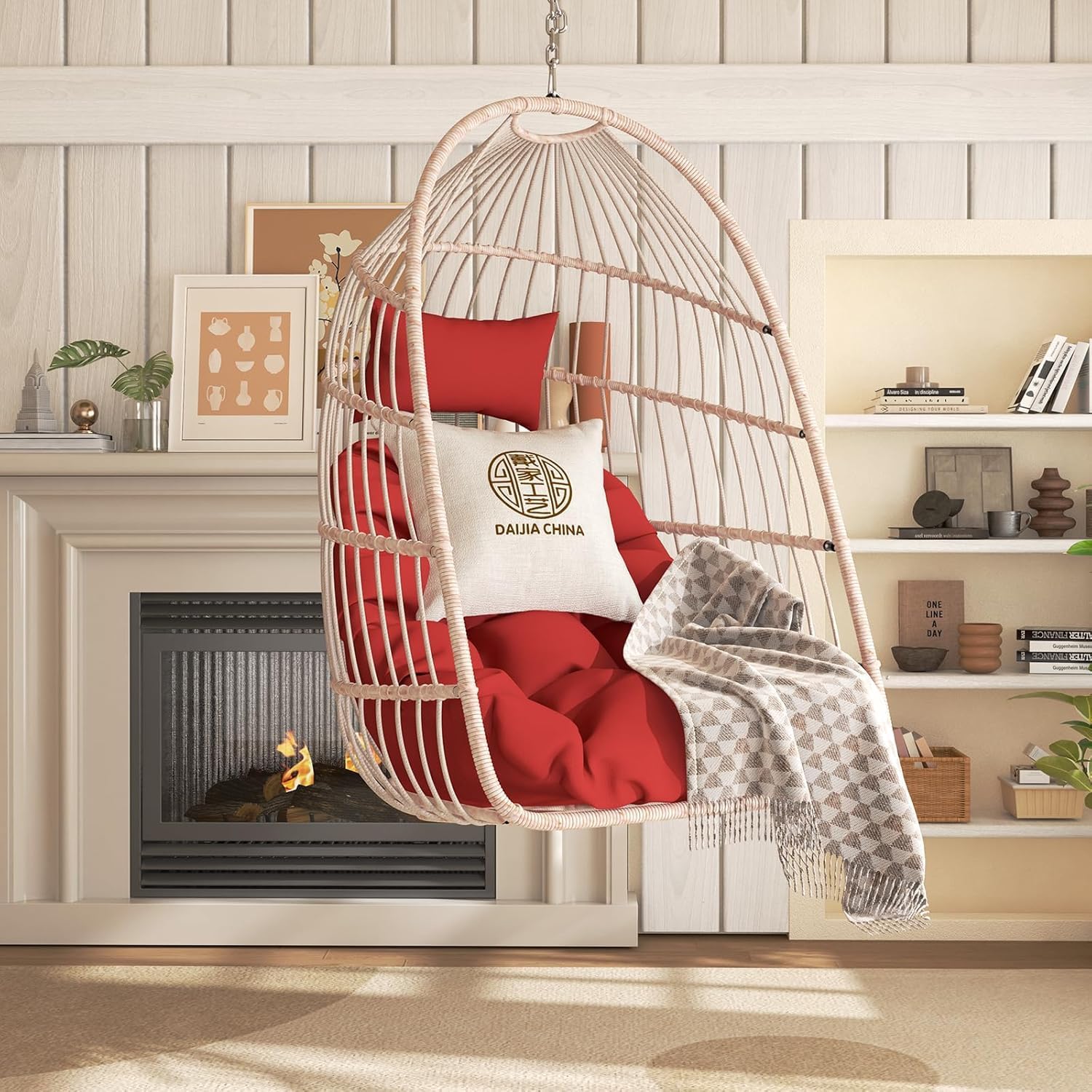 Hanging Egg Chair Without Stand, HDPE Rattan Foldable Swing Chair with Pillow, Aluminum Frame & UV Resistant Cushion for Indoor Outdoor Bedroom Garden, 350Lbs Capacity (Red)