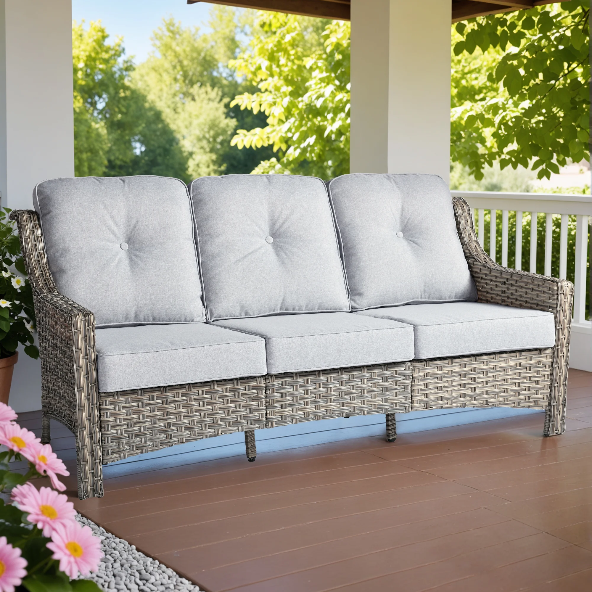 Ovios Outdoor Patio Sofa 3-Seater with Cushions All-Weather Wicker Rattan Couch for Garden, Porch, or Backyard - Image 43